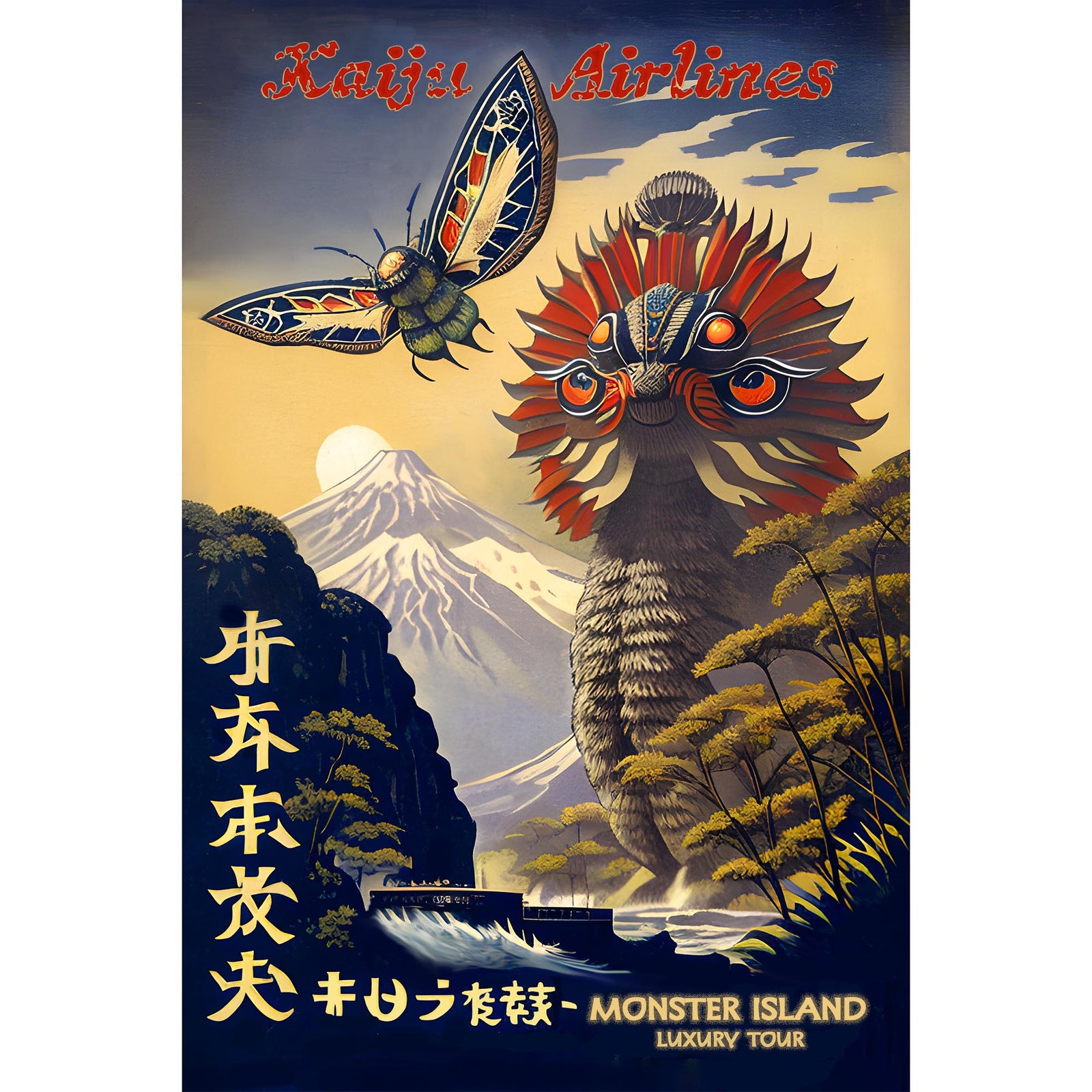 Kaiju Airlines, Monster Island Tour | Surreal Vintage Travel Poster | Godzilla, Ghidorah, Mothra, King Kong, Gamera Fine Art Print