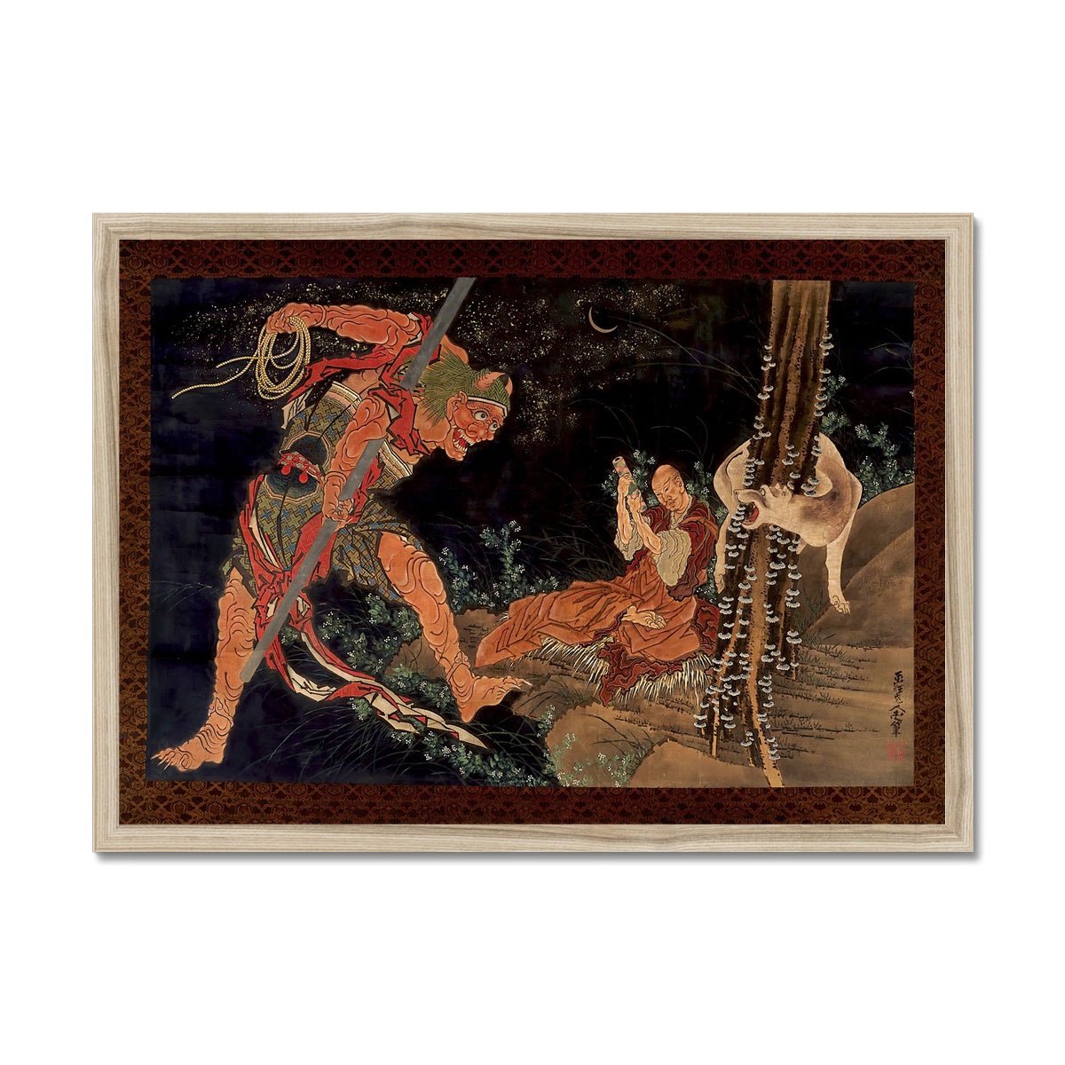 Kobo Daishi Practicing the Tantra with the Assistance of a Demon and a Wolf | Katsushika Hokusai Ukiyo-e Framed Art Print