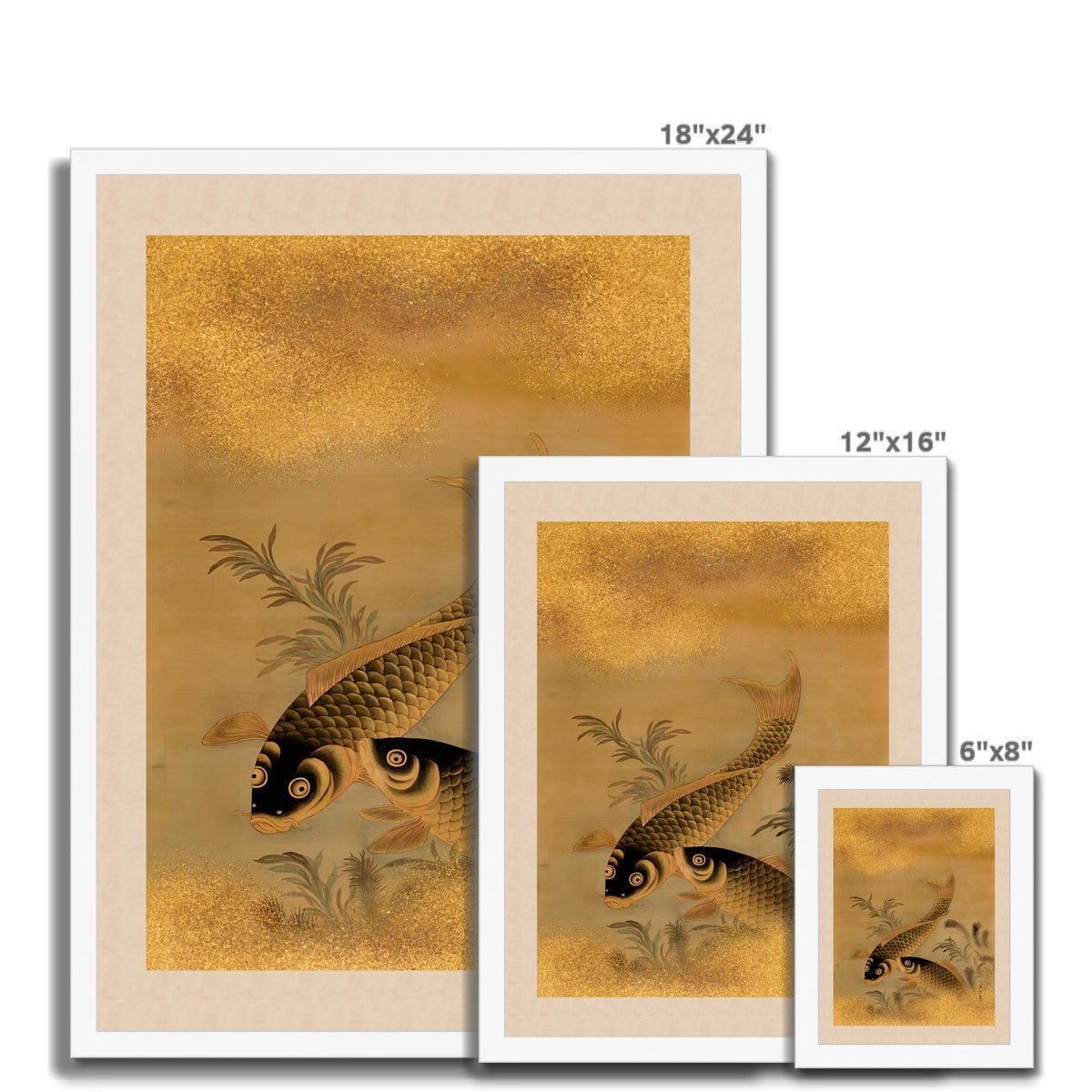 Koi and Water Plants Antique Japanese 19th-Century Zen Scroll Gold Carp Marine Life Aquatic Nature Framed Fine Art Print