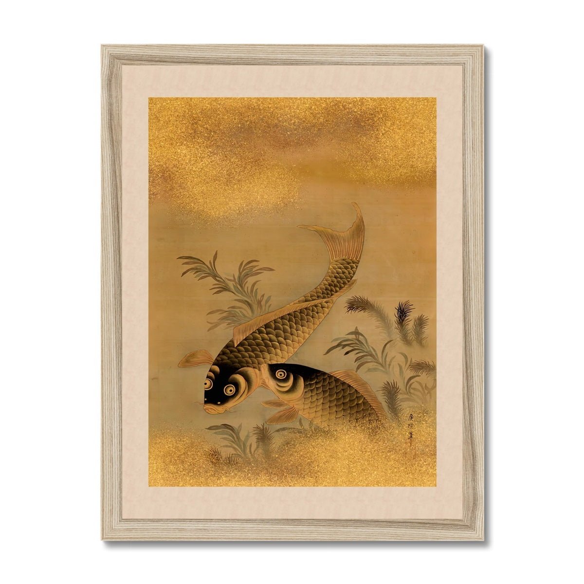 Koi and Water Plants Antique Japanese 19th-Century Zen Scroll Gold Carp Marine Life Aquatic Nature Framed Fine Art Print