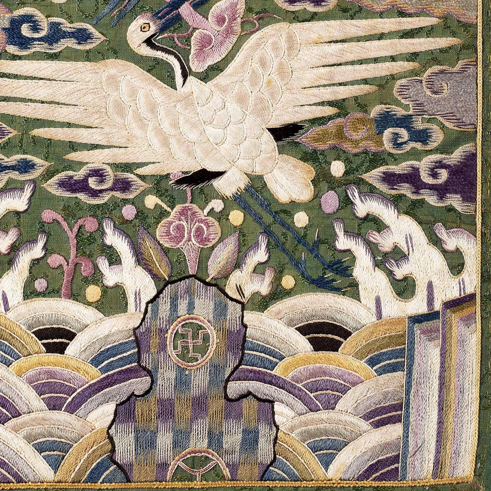 Korean Double Cranes, Silk Swans, Traditional Hyungbae Textile Design, Bird Lover Fine Art Print w Thangka Hanger