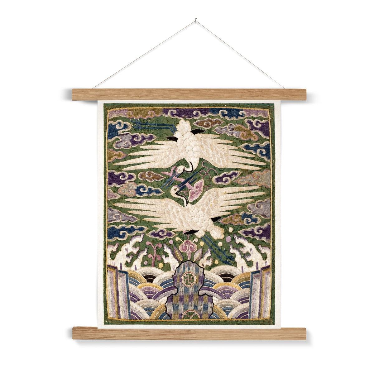 Korean Double Cranes, Silk Swans, Traditional Hyungbae Textile Design, Bird Lover Fine Art Print w Thangka Hanger