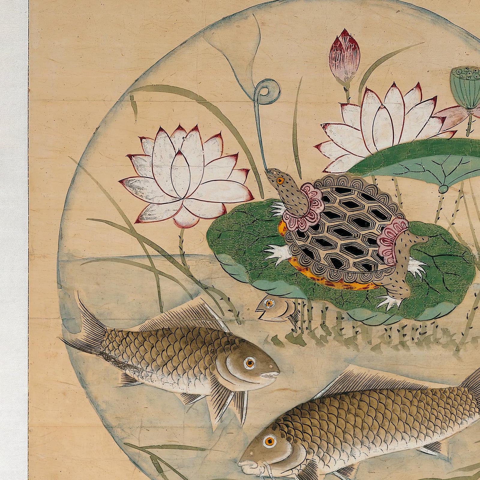 Korean Lotus and Fish in Rondel, 19th-Century Mythology | Zen Buddhist Aquatic Sea Nature Framed Art Print