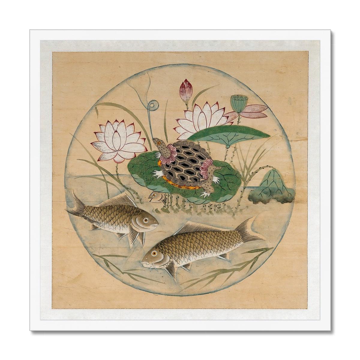 Korean Lotus and Fish in Rondel, 19th-Century Mythology | Zen Buddhist Aquatic Sea Nature Framed Art Print