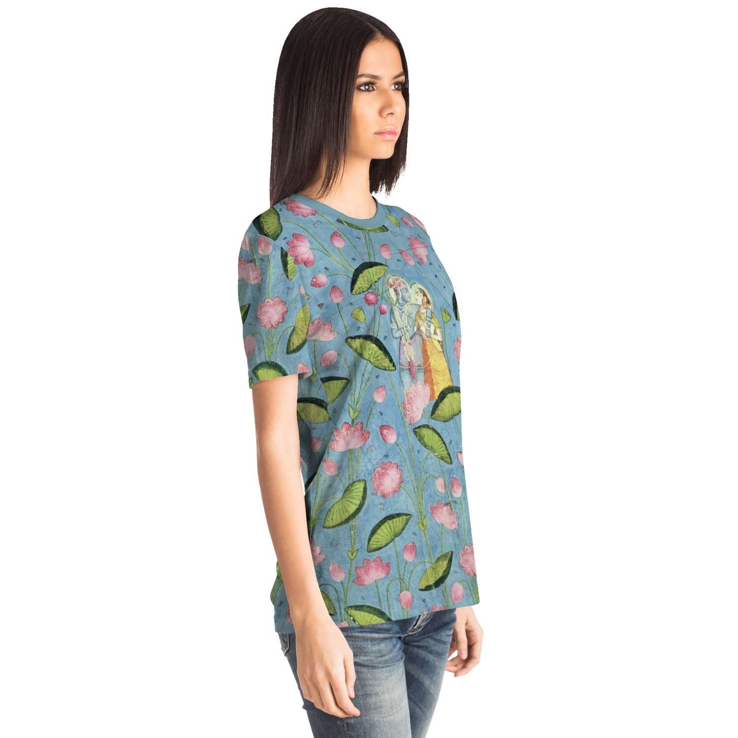 Krishna and Radha Among Lotuses | 19th-Century Indian Watercolor | Love, Devotion, Compassion | Hindu, Vedic Vintage Graphic T-Shirt Tee