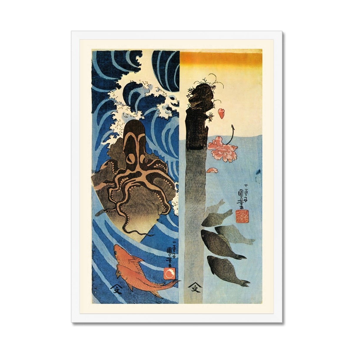 Kuniyoshi Utagawa, Octopus, Red Fish Ukiyo-e Antique Vintage Woodblock Japan Botanical Marine Life Cephalopod Framed Art Print