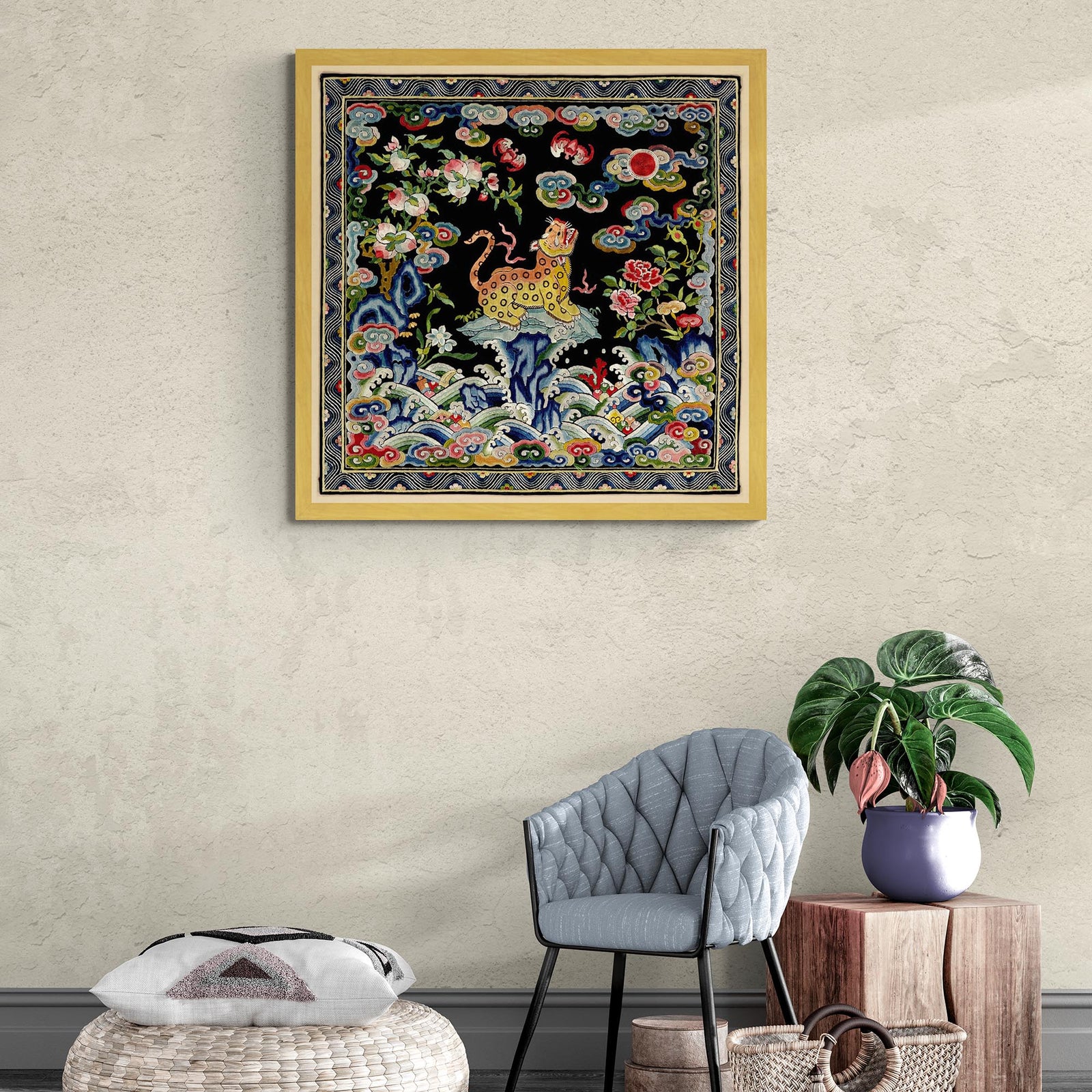 Leopard Silk Embroidery Design | Qing Dynasty Mandarin Square | Lion, Tiger, Jaguar Vintage Fine Art Print