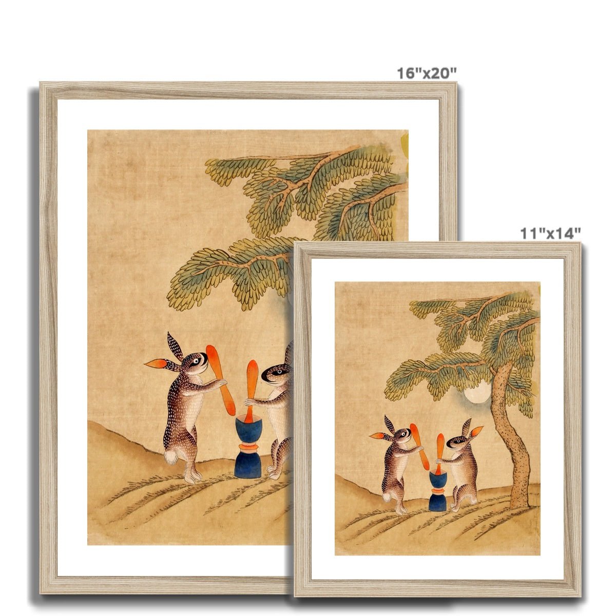 Minhwa Bunny of Immortality, Staring at the Moon | Classic Korean Mythology Folk Art | Cute Kawaii Rabbit Pet Lover Framed Art Print