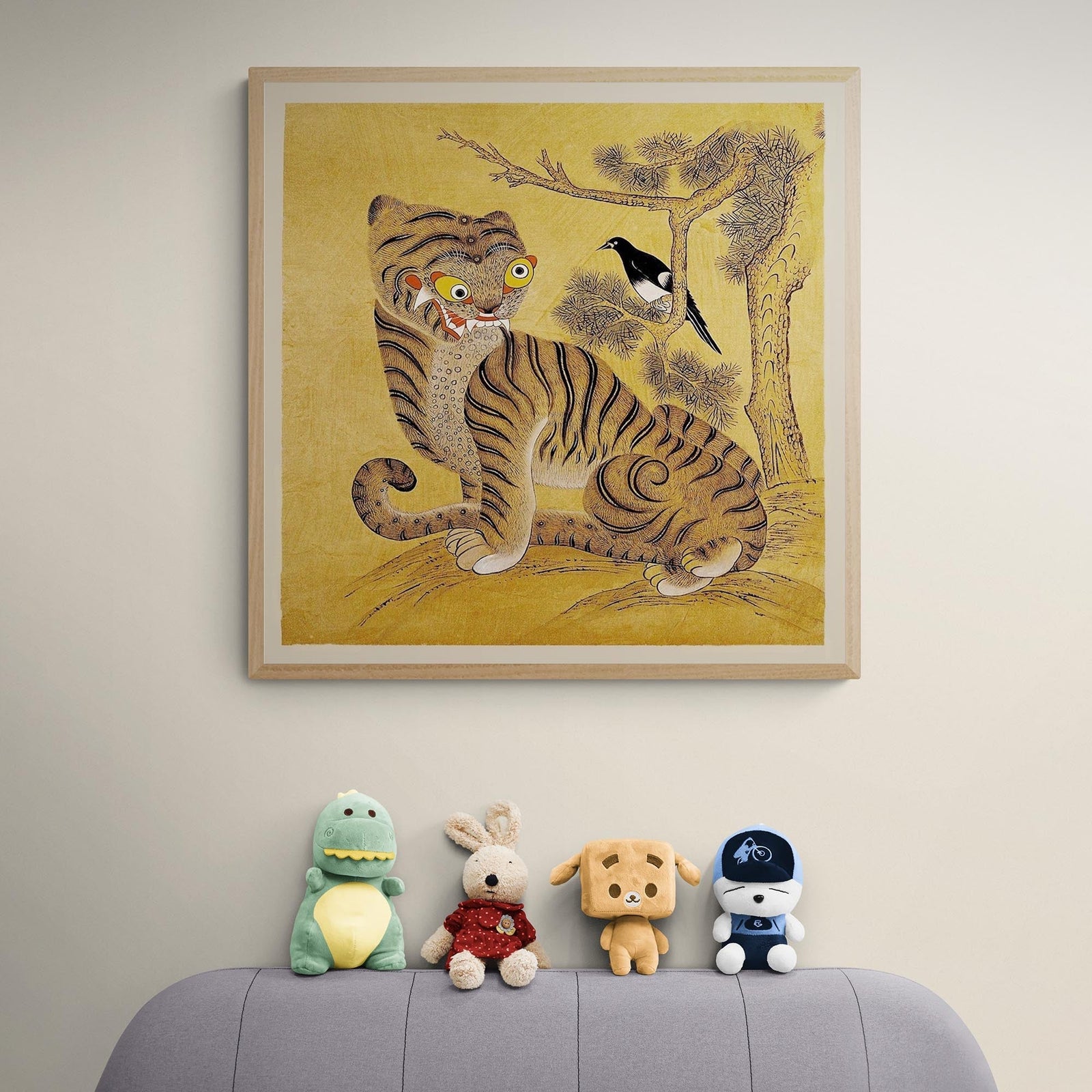 Minhwa Tiger and Magpie: Classic Korean 19th-Century Folk Painting Antique Bird Jungle Kawaii Wildlife Lion Leopard Poster Fine Art Print