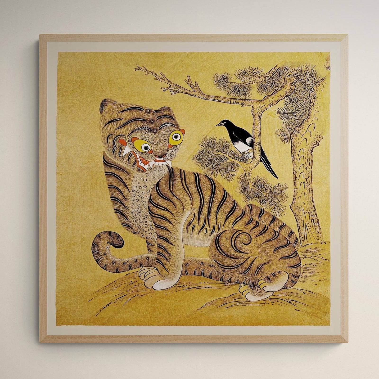 Minhwa Tiger and Magpie: Classic Korean 19th-Century Folk Painting Antique Bird Jungle Kawaii Wildlife Lion Leopard Poster Fine Art Print
