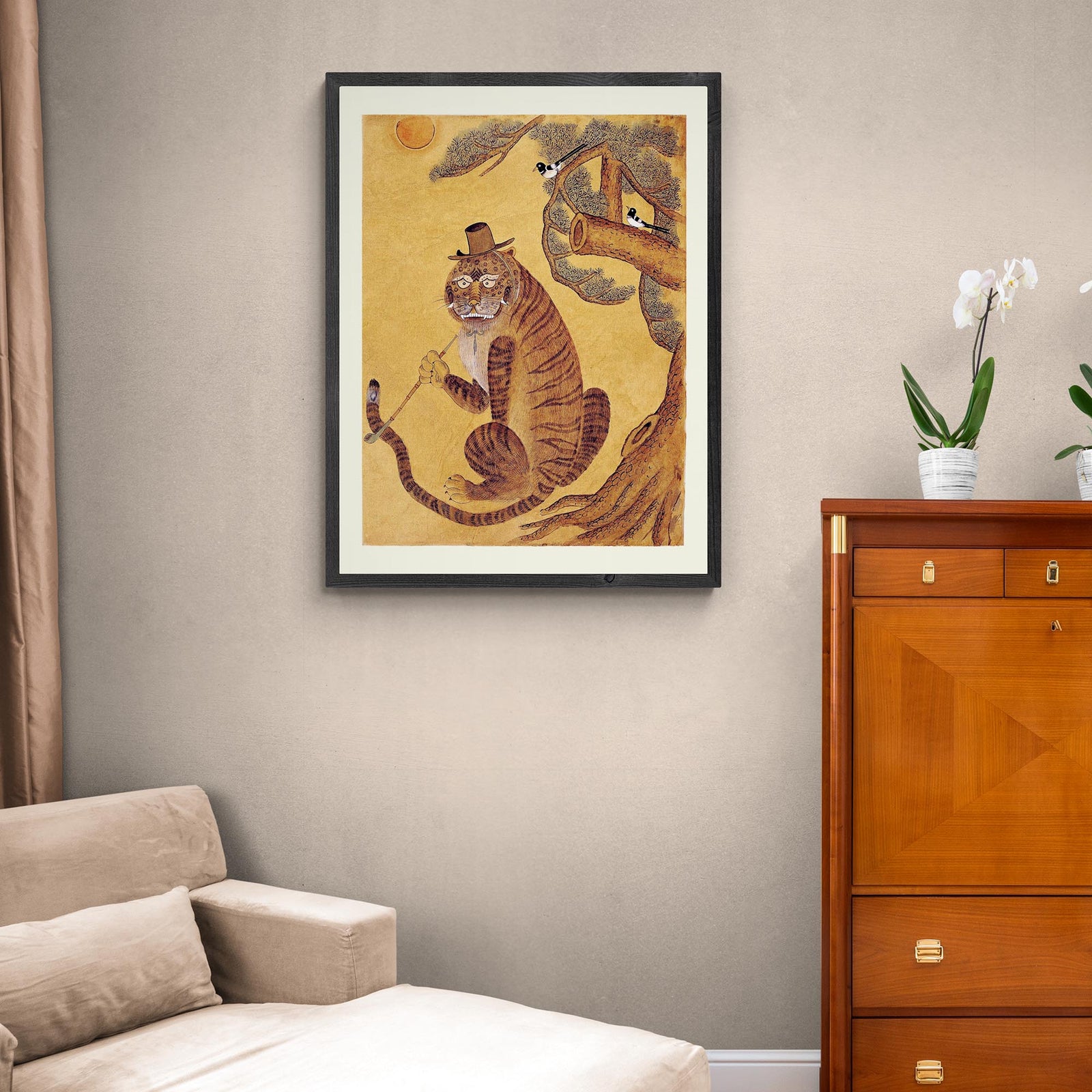 Minhwa Tiger Smoking a Pipe, with Magpies | Korean Folk Art Mythology | Kawaii Cute Fine Art Print