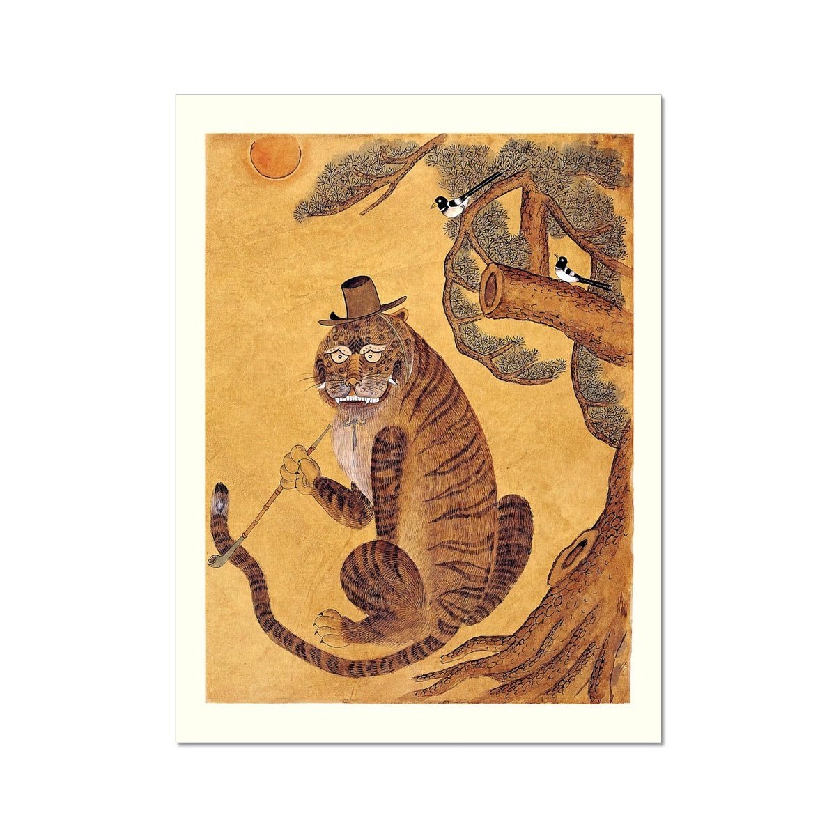 Minhwa Tiger Smoking a Pipe, with Magpies | Korean Folk Art Mythology | Kawaii Cute Fine Art Print