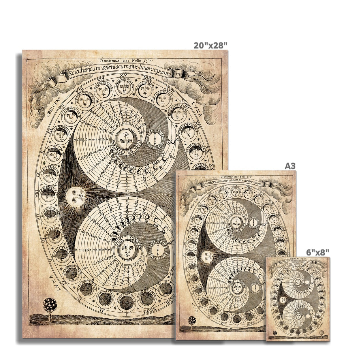 Moon Cycles Moondial, Alchemical Zodiac | Celestial Astronomy Lunar Chart Shadowdial | Vintage Eclipse Print