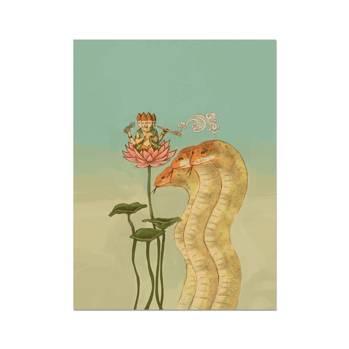 Nagas, Lotus, and Guru Vedic, Hindu, Buddha Dharma, Jain Mythology | Divine Serpent Guardian Home Decor | Giclée Fine Art Print