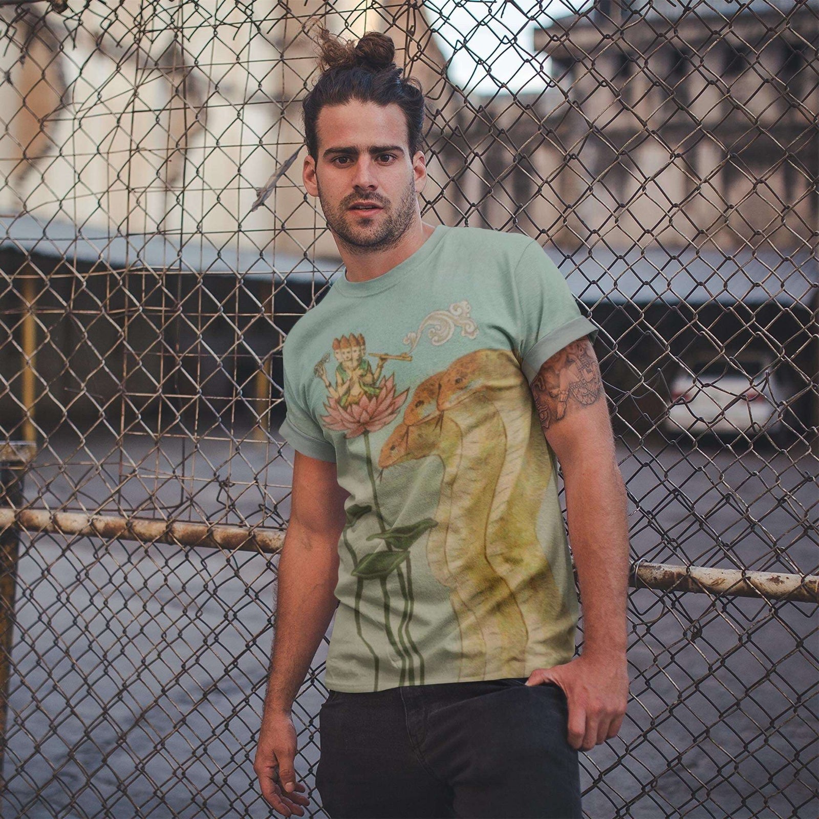 Nagas, Lotus, Guru Hindu Vedic Sadhu Indian Mystic Yoga Meditation Hashish Vintage Graphic Art Trippy T-Shirt Tee