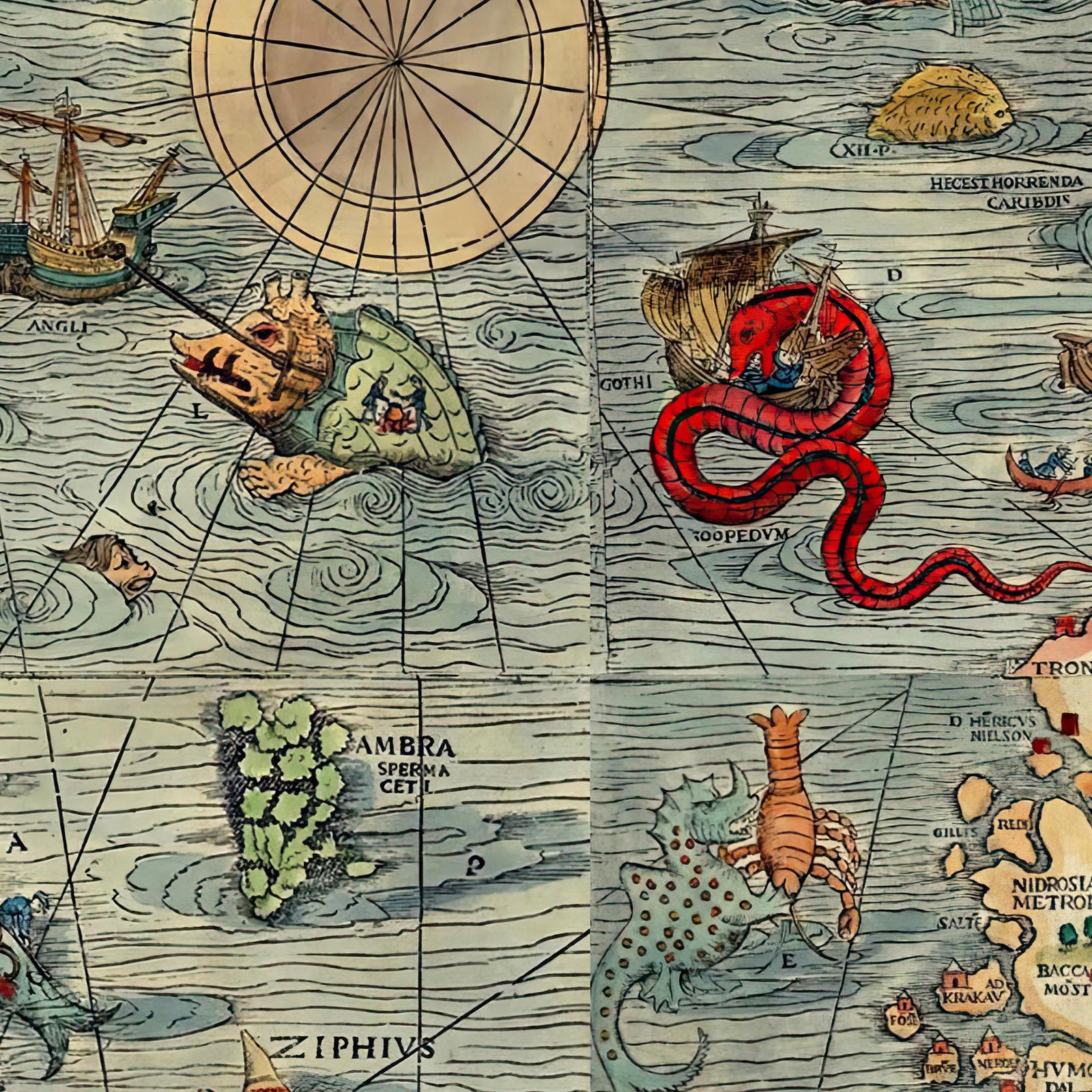 Nautical Mythology Map | Kraken, Sea Serpents, Mermaids | Maritime Folklore Vintage Graphic Art T-Shirt