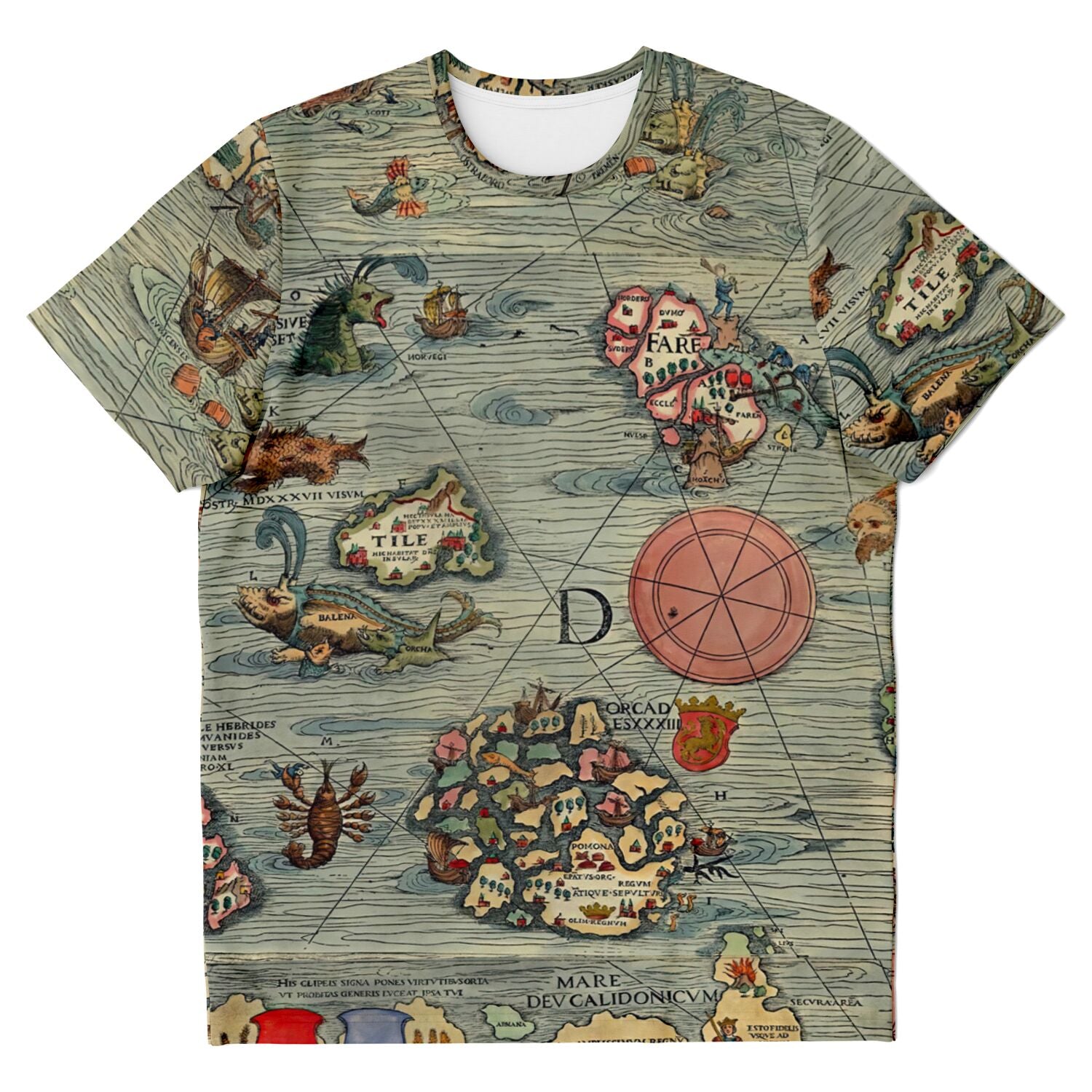 Nautical Mythology Map | Kraken, Sea Serpents, Mermaids | Maritime Folklore Vintage Graphic Art T-Shirt