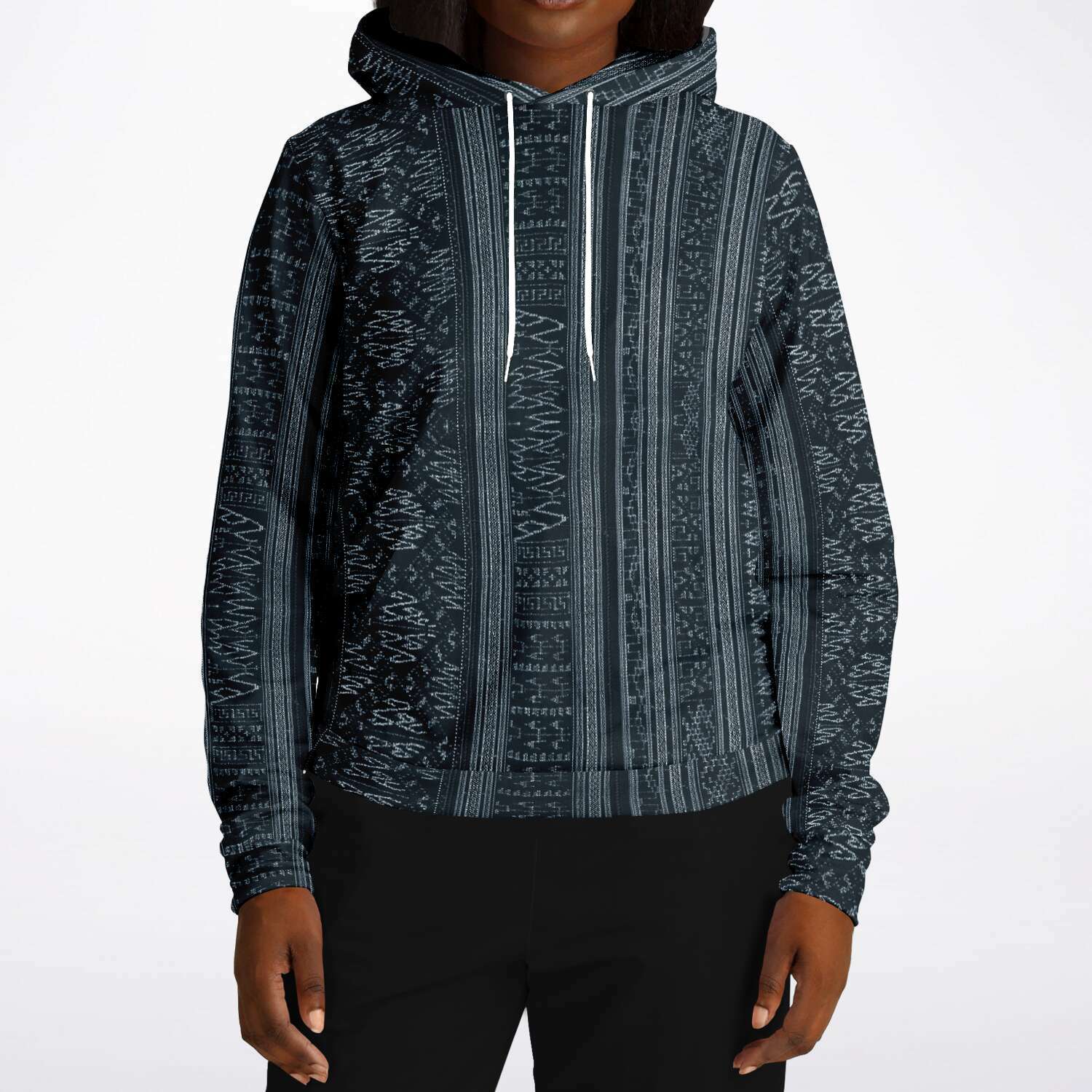 Navy Blue Ikat Hoodie, Inspired by Indonesian Textiles, Kuba Cloth, Kilim Tribal Boho Vintage Pullover Hoodie