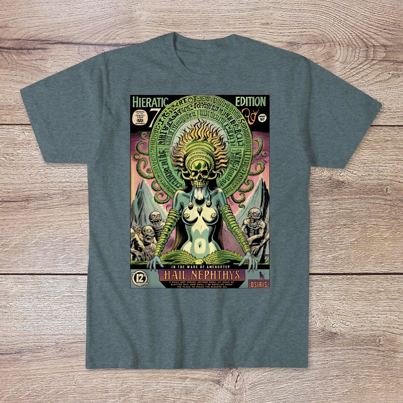 Nephthys, Egyptian Book of the Dead | Osiris Ra Anubus Horus Thoth | 1960s Comic Book Skull | Occult Duat Underworld Hades Graphic Art TShirt