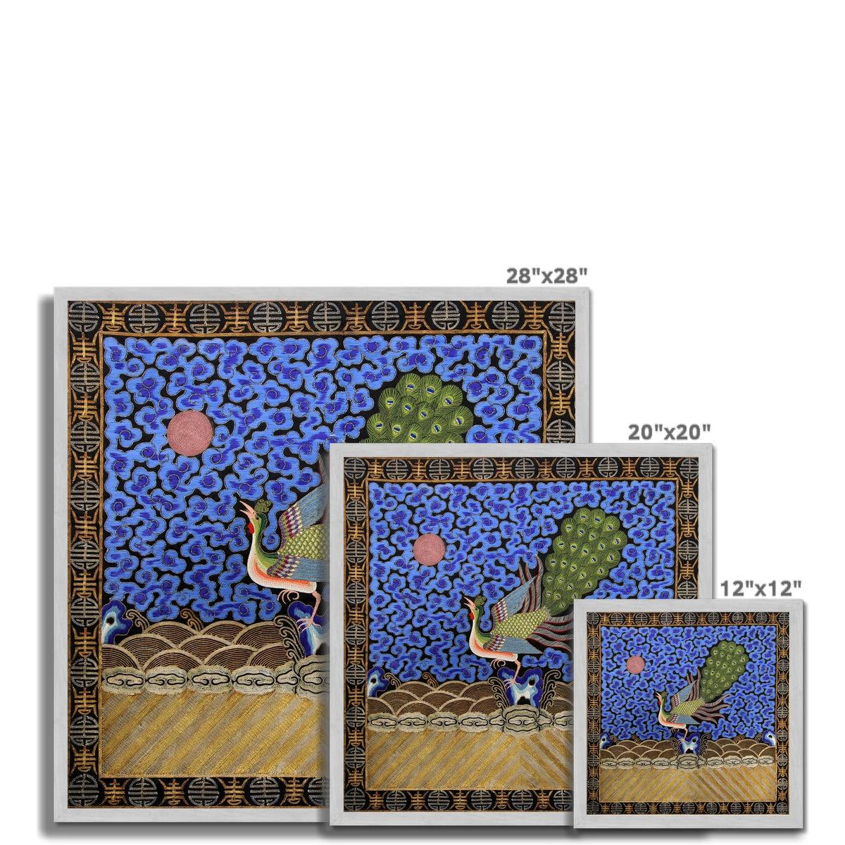 Peacock Mandarin Square | Traditional Chinese Qing Dynasty Silk Embroidery Design | Antique Framed Fine Art Print