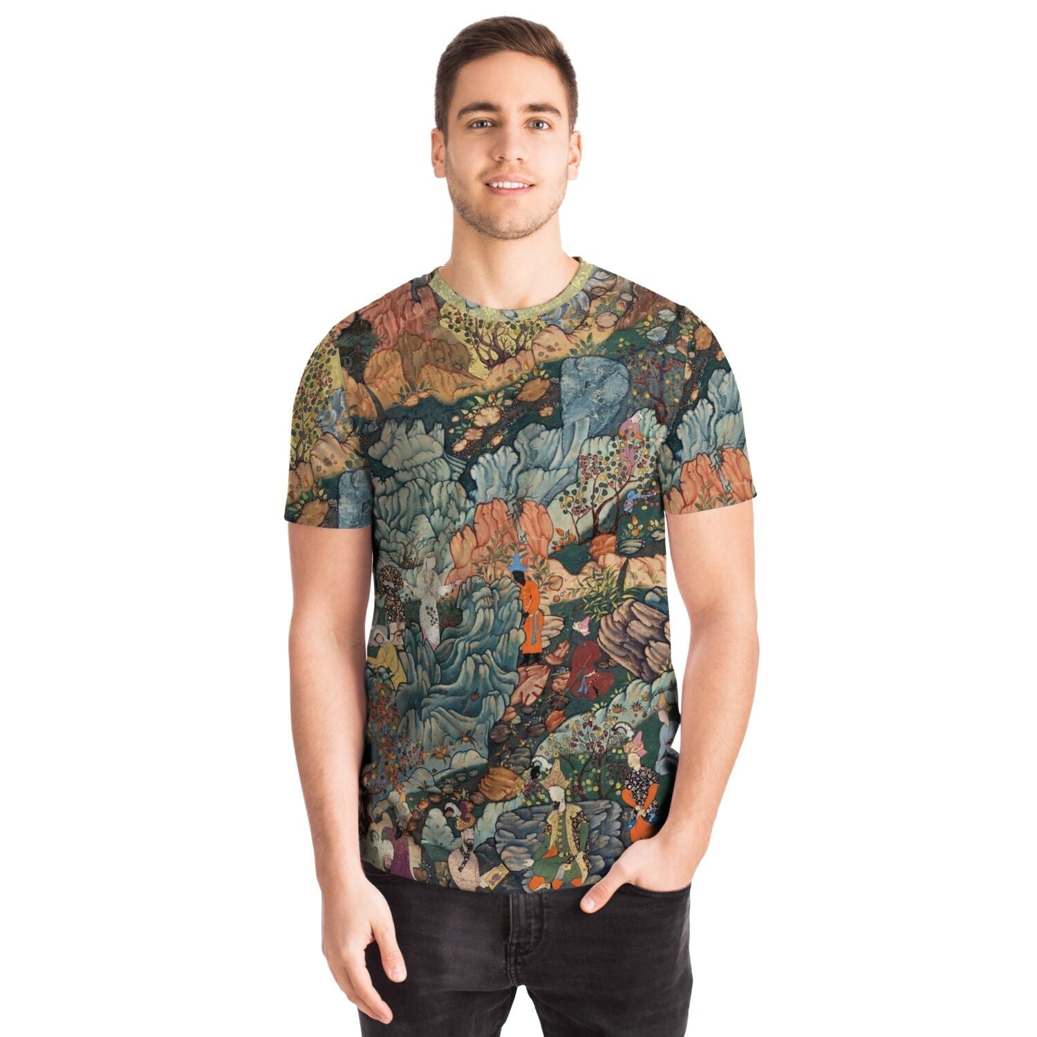 Persian Art Garden Oasis | Exotic Flora Fantasy Landscape | Islamic Miniature Mughal Dynasty All-Over-Print T-Shirt