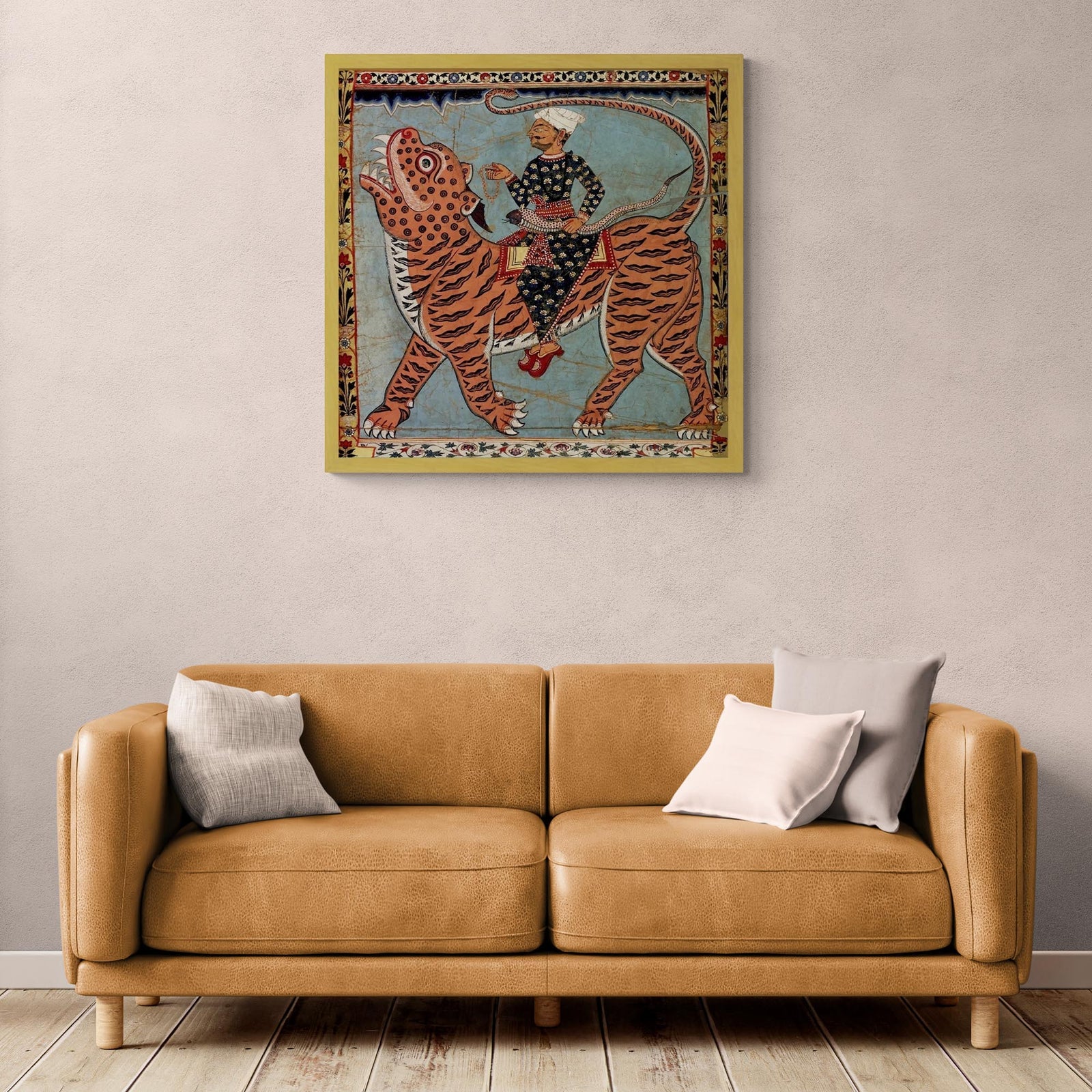 Pir Gazi and His Tiger Antique Gold and Silver, Indian Art, Islamic Art, Muslim Art, Sufi Rumi Mystic Cat, Antique Gold and Silver Framed