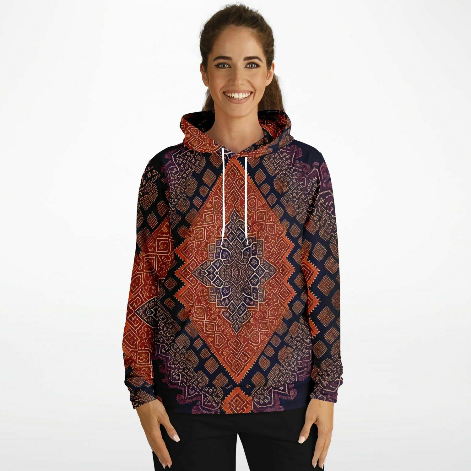 Pure Consciousness Traditional Ikat Batik Textile Pattern, Authentic Indigenous Sacred Geometry, Metatron's Cube Tribal Pullover Hoodie