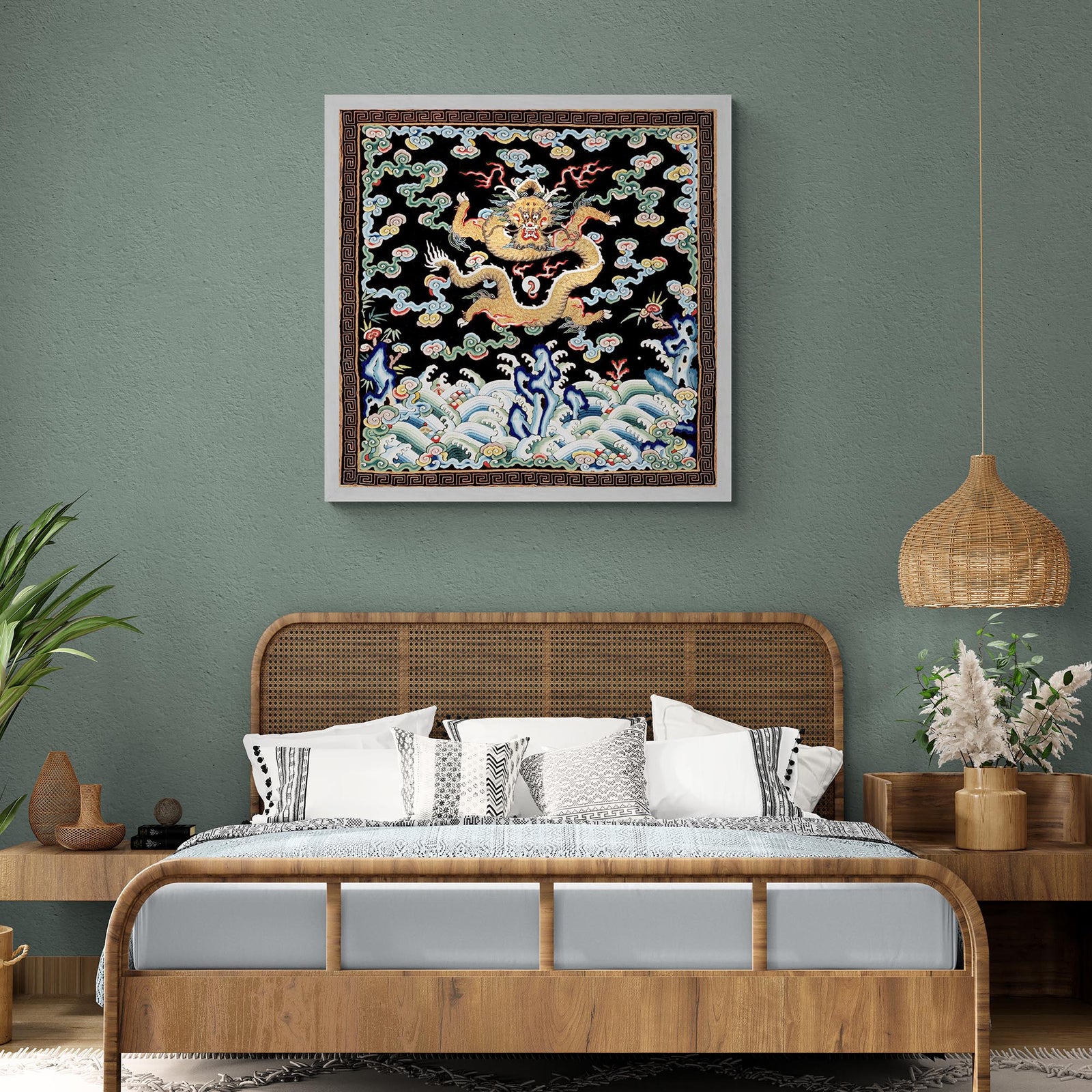 Qing Dragon, Chinese Silk Embroidery Folk Art | Antique Vintage Asian Decor | Mythical Serpent Mandarin Square Fine Art Print