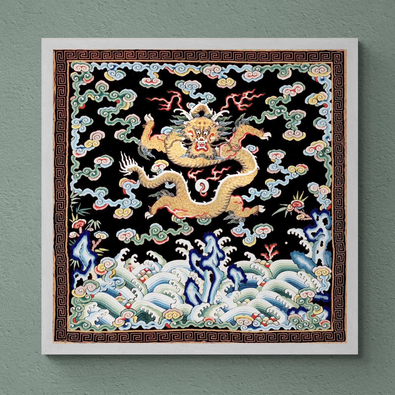 Qing Dragon, Chinese Silk Embroidery Folk Art | Antique Vintage Asian Decor | Mythical Serpent Mandarin Square Fine Art Print