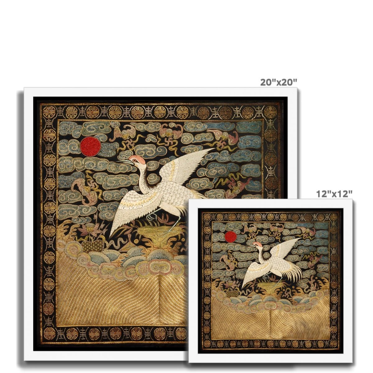 Qing Dynasty, Chinese Silk Embroidery Heron Mandarin Bird Square Antique Asian Vintage Framed Art Print