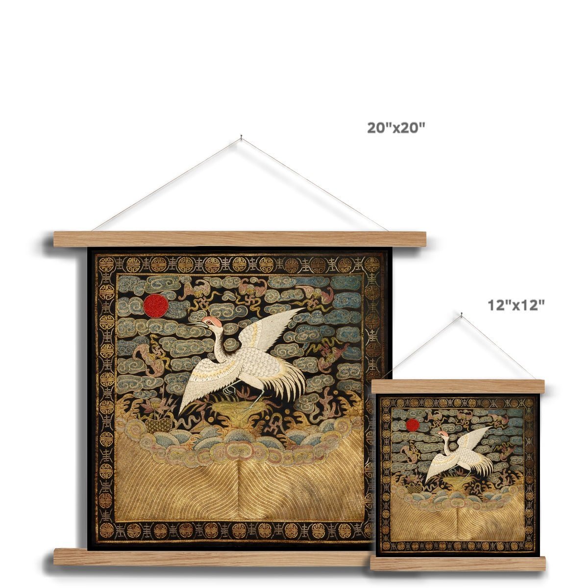 Qing Dynasty, Chinese Silk Embroidery Heron Mandarin Square Antique Vintage Fine Art Print with Hanger