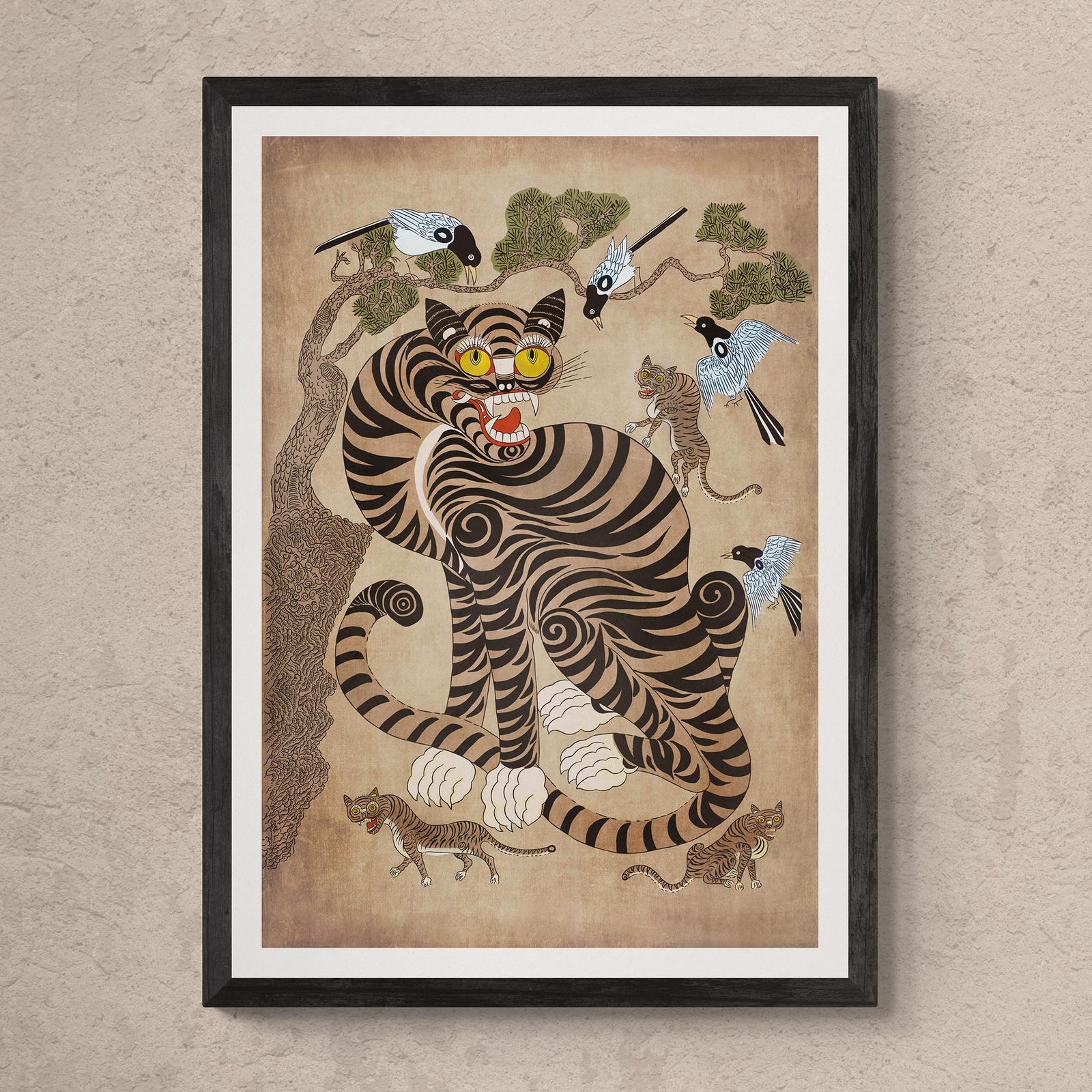 Rare Vintage Korean Minhwa Tiger and Magpie | Classic Mythology Folklore Painting | Cat Lover Home Boho Decor | Cute Kawaii Framed Art Print