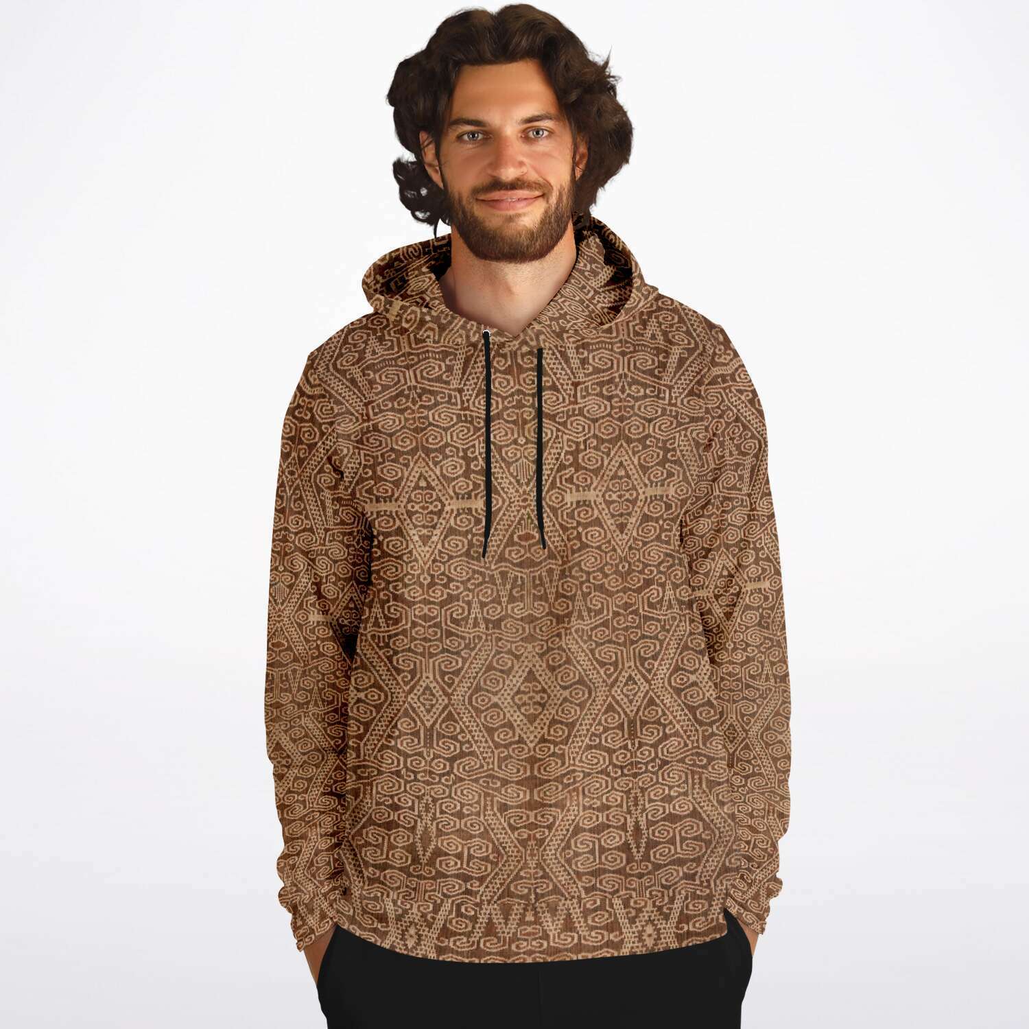 Rustic Ikat-Inspired Tan Boho Hippy Sacred Geometry Ethnic Asian Vintage Tribal Folk Art Pullover Hoodie