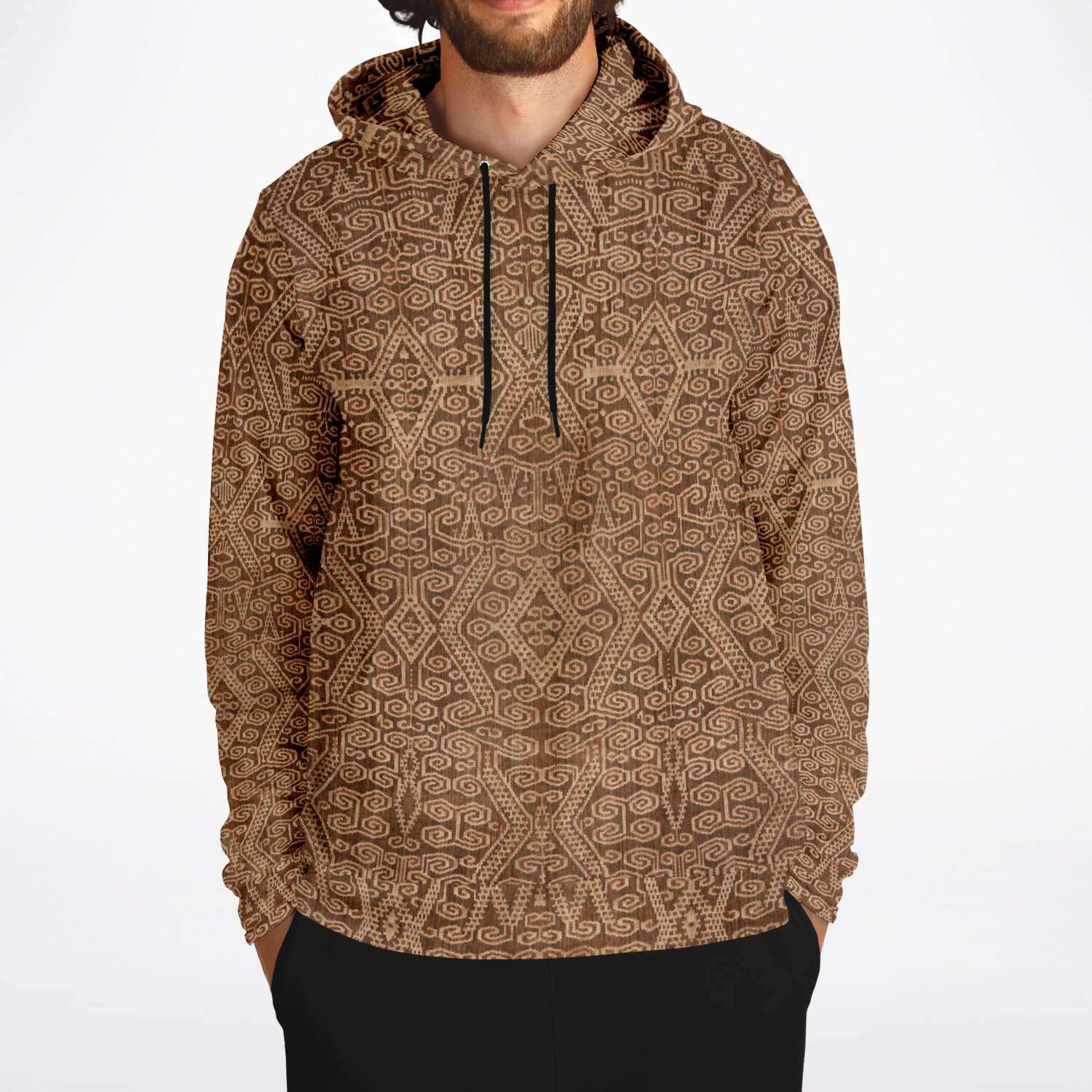 Rustic Ikat-Inspired Tan Boho Hippy Sacred Geometry Ethnic Asian Vintage Tribal Folk Art Pullover Hoodie