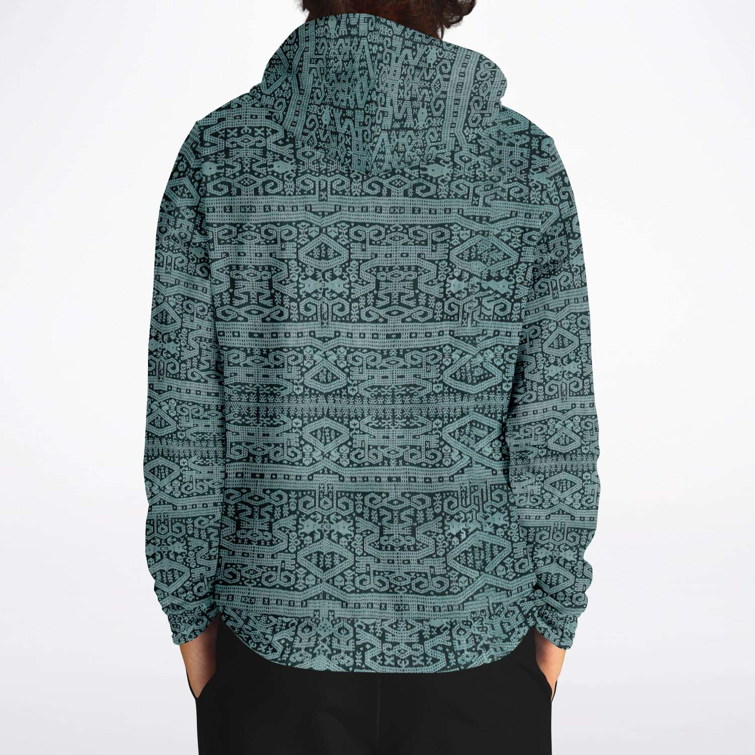 Sea Foam Ikat Hoodie, Inspired by Bali Indonesian Batiks, Kuba Cloth, Kilim | Tribal Boho Vintage Pullover Hoodie