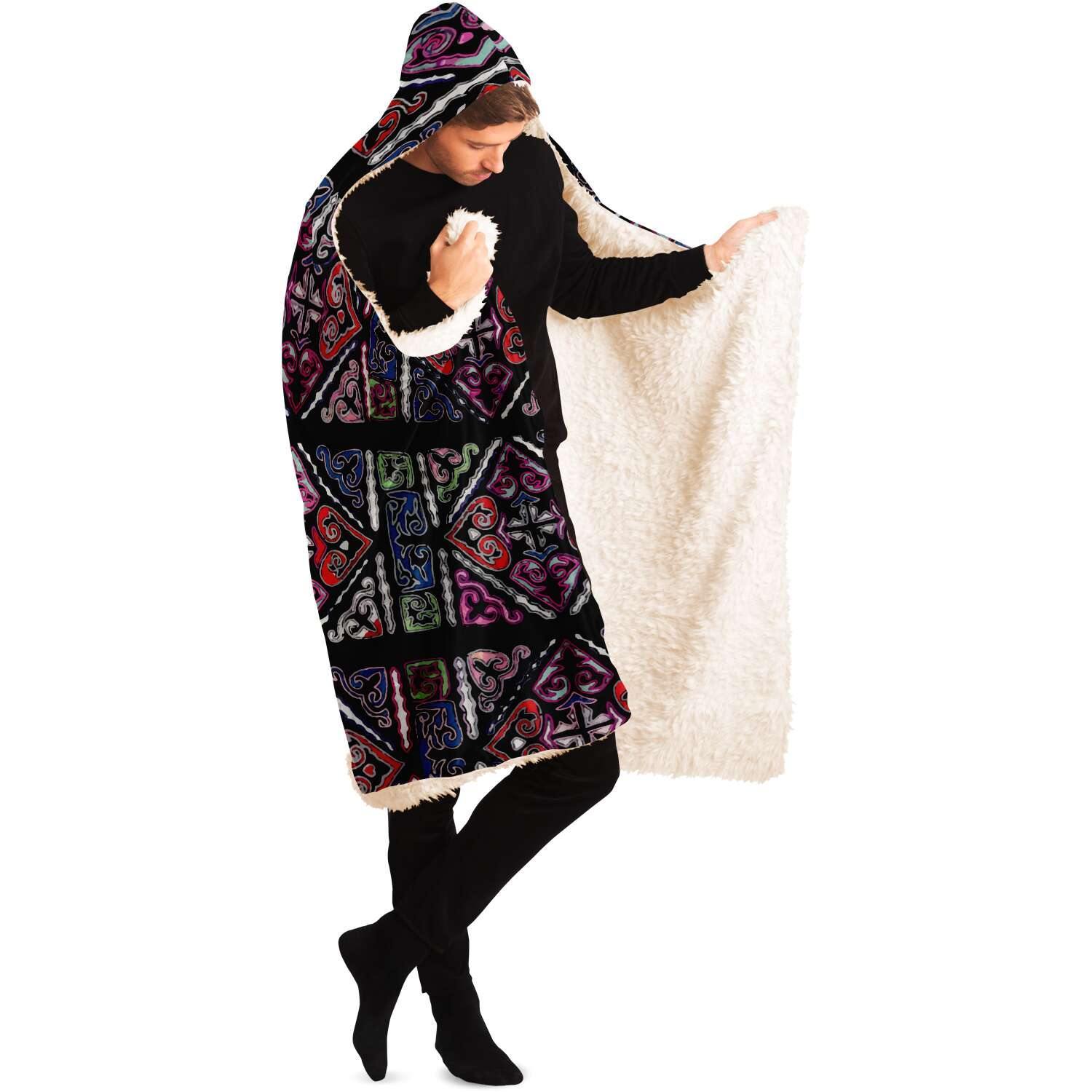Sherpa Hooded Blanket, Miao Culture Antique, Traditional Design