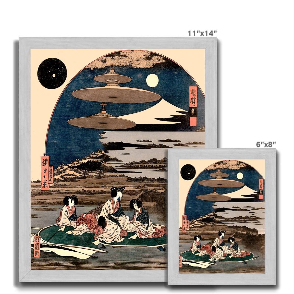 "Skies Over Kyoto" Vintage Ukiyo-e Space Alien Invasion | 19th-Century Surreal UFO Antique Framed Print