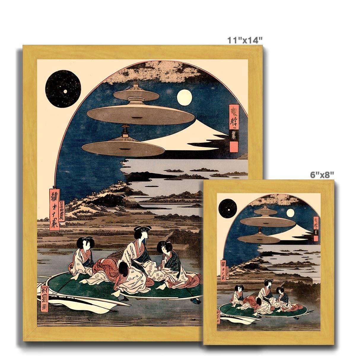 "Skies Over Kyoto" Vintage Ukiyo-e Space Alien Invasion | 19th-Century Surreal UFO Antique Framed Print