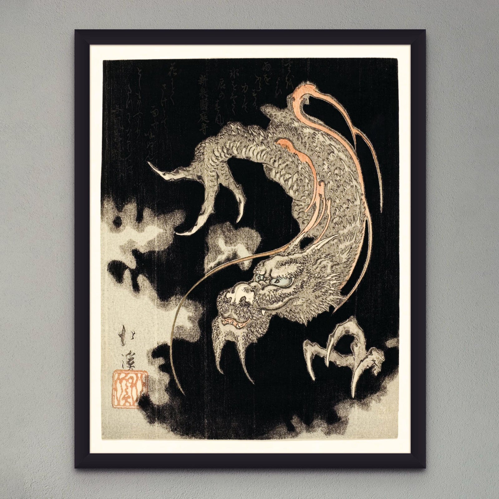 Storm Dragon Against a Black Sky with Clouds and Poems, Totoya Hokkei Japanese Edo Yokai Mythology Vintage Boho Wall Decor Fine Art Print