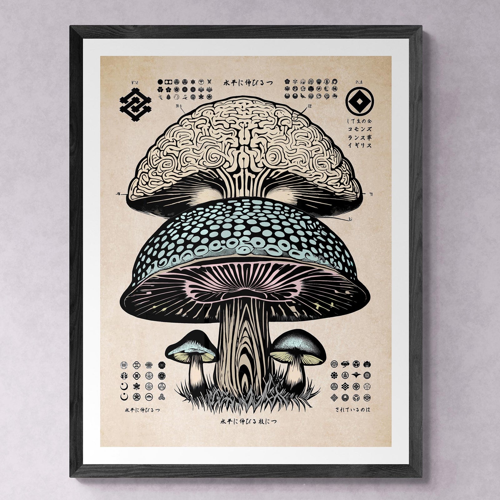 Surreal Brain Evolution, Stoned Ape Psychedelic Mushrooms, Ancient Japanese Neuroscience Fine Art Print