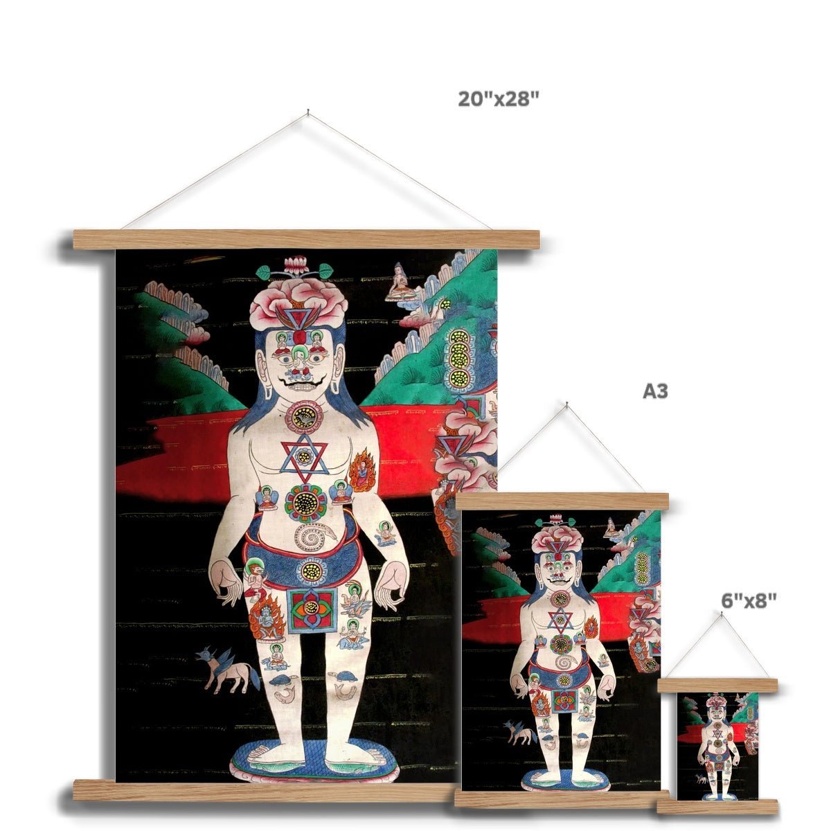 Surreal Indian Kundalini Raja Hatha Yoga | Hindu Shiva Gurudevi, Sadhu Vedic Kundalini Vedic Nadis Meditation Vintage Art Print with Hanger