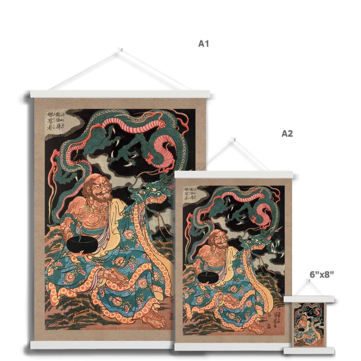 The Arhat Nakasaina Sonja Seated On a Rock, with a Dragon Emerging From His Bowl, Vintage Buddhist Japanese Fine Art Print with Hanger