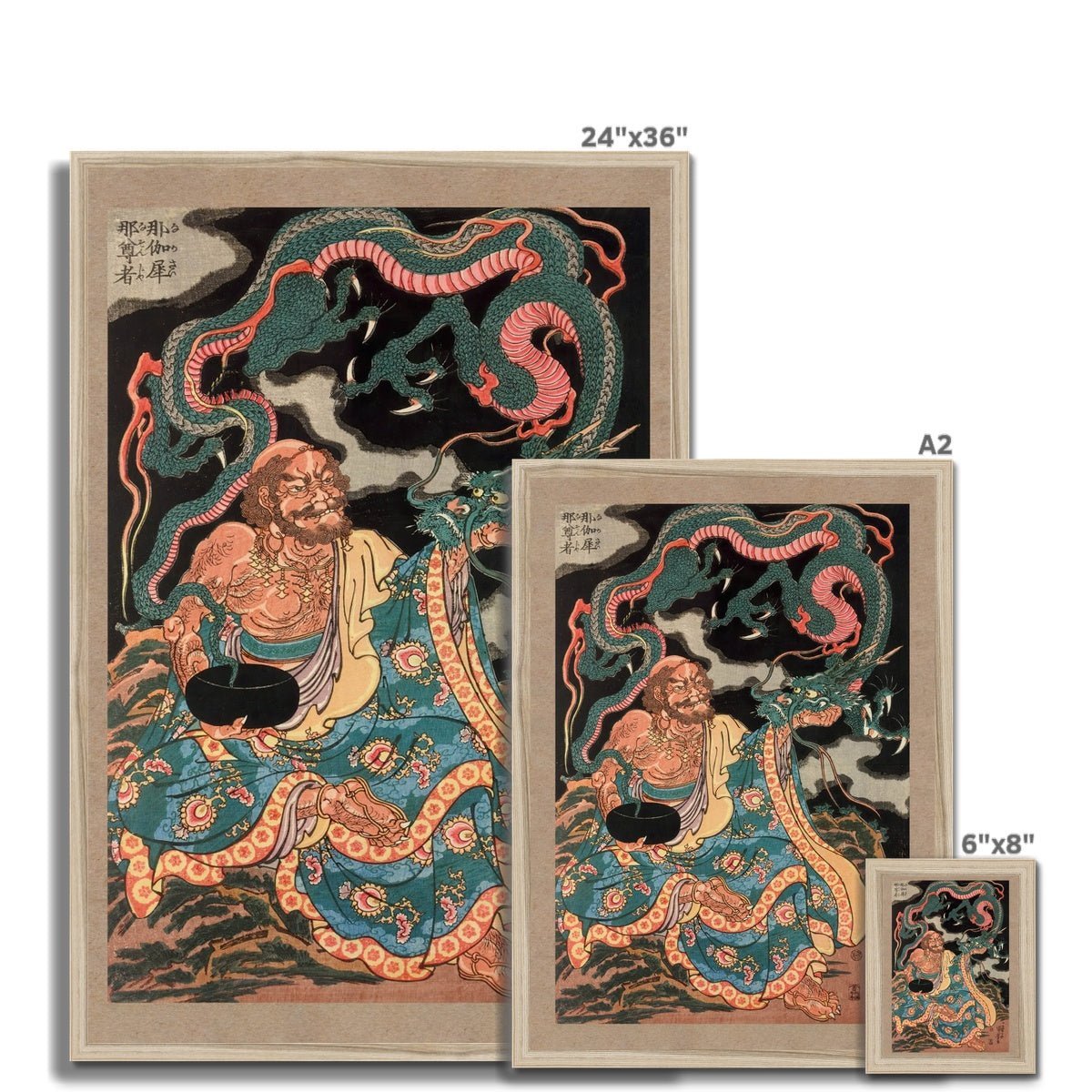 The Arhat Nakasaina Sonja Seated On a Rock, with a Dragon Emerging From His Bowl, Vintage Buddhist Japanese Framed Art Print