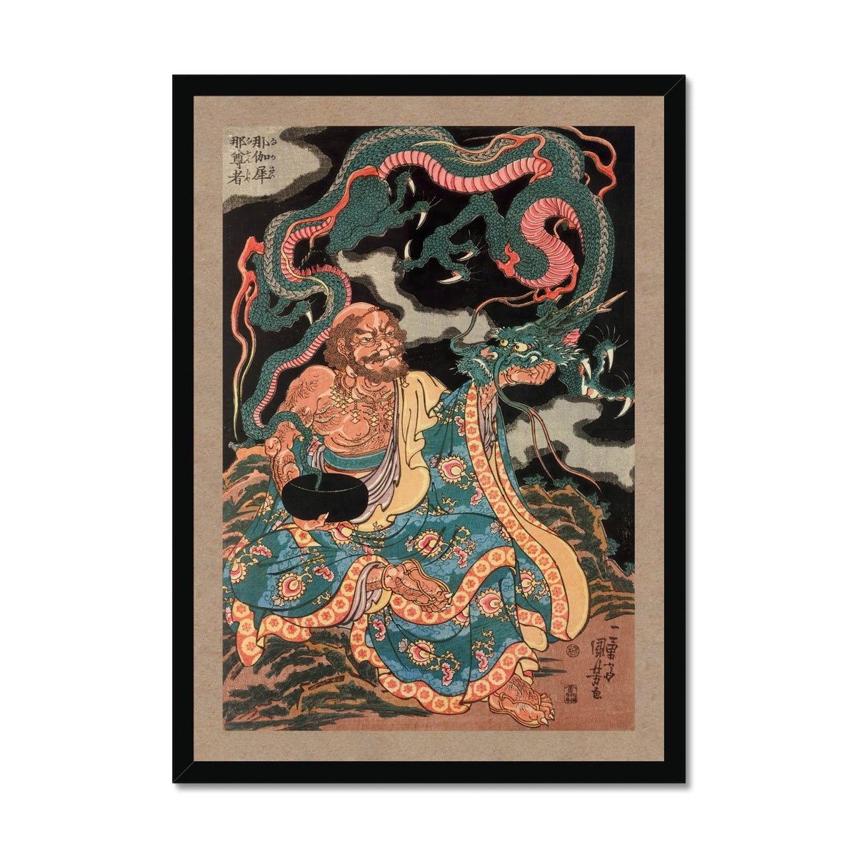 The Arhat Nakasaina Sonja Seated On a Rock, with a Dragon Emerging From His Bowl, Vintage Buddhist Japanese Framed Art Print