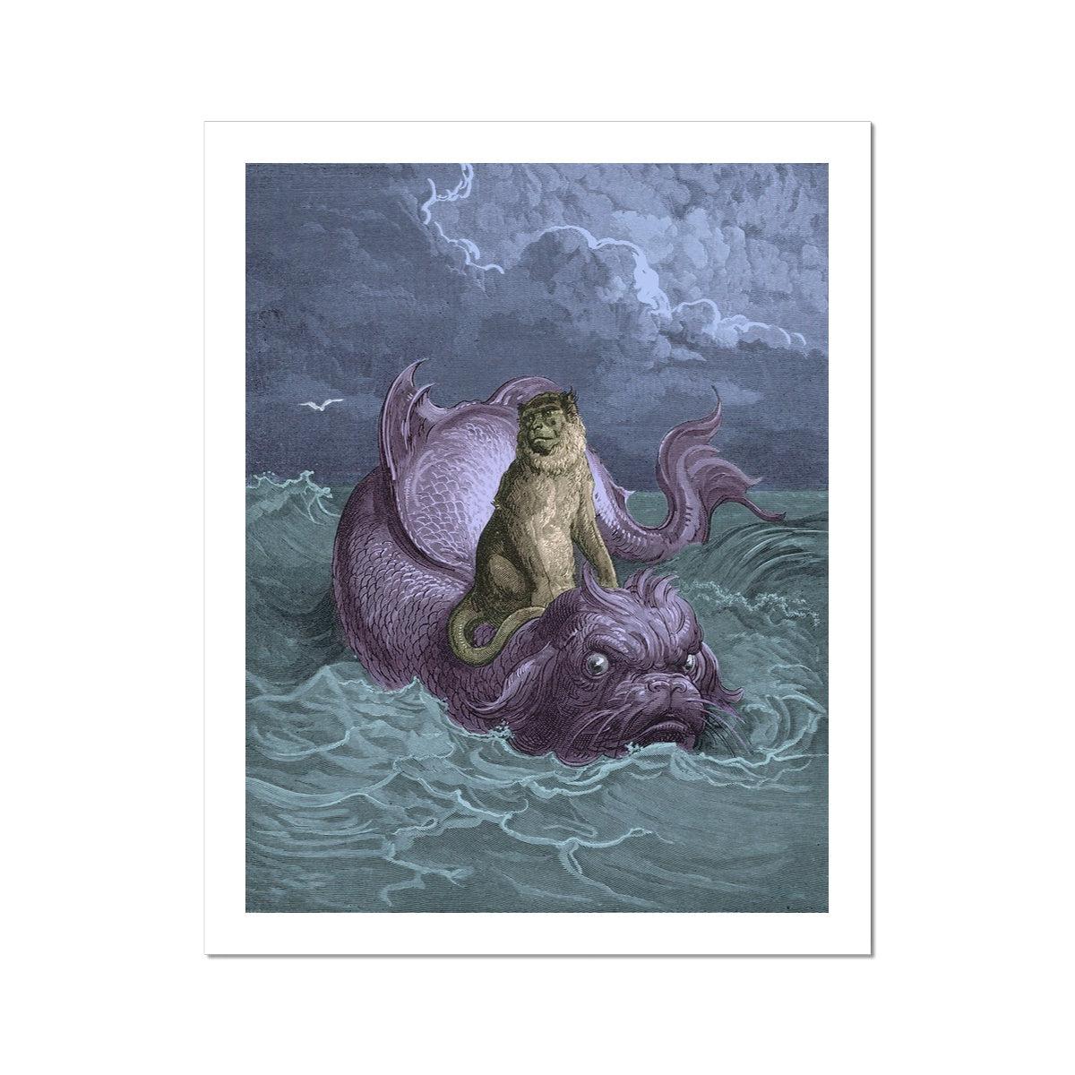 The Monkey and the Dolphin | Surreal Aesop's Fable Illustrated by Gustave Dore | Marine Life Nautical Wall Decor Fine Art Print