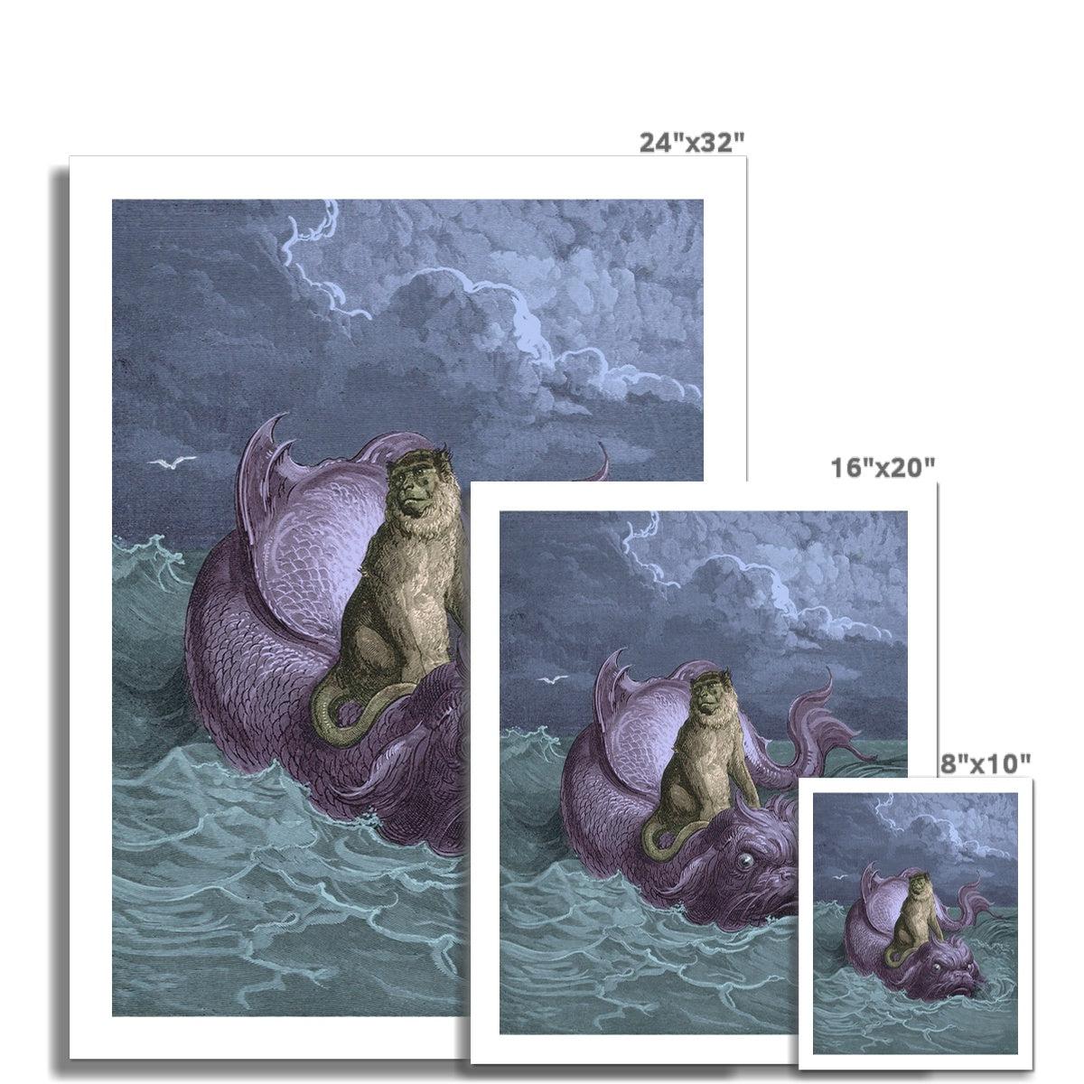 The Monkey and the Dolphin | Surreal Aesop's Fable Illustrated by Gustave Dore | Marine Life Nautical Wall Decor Fine Art Print