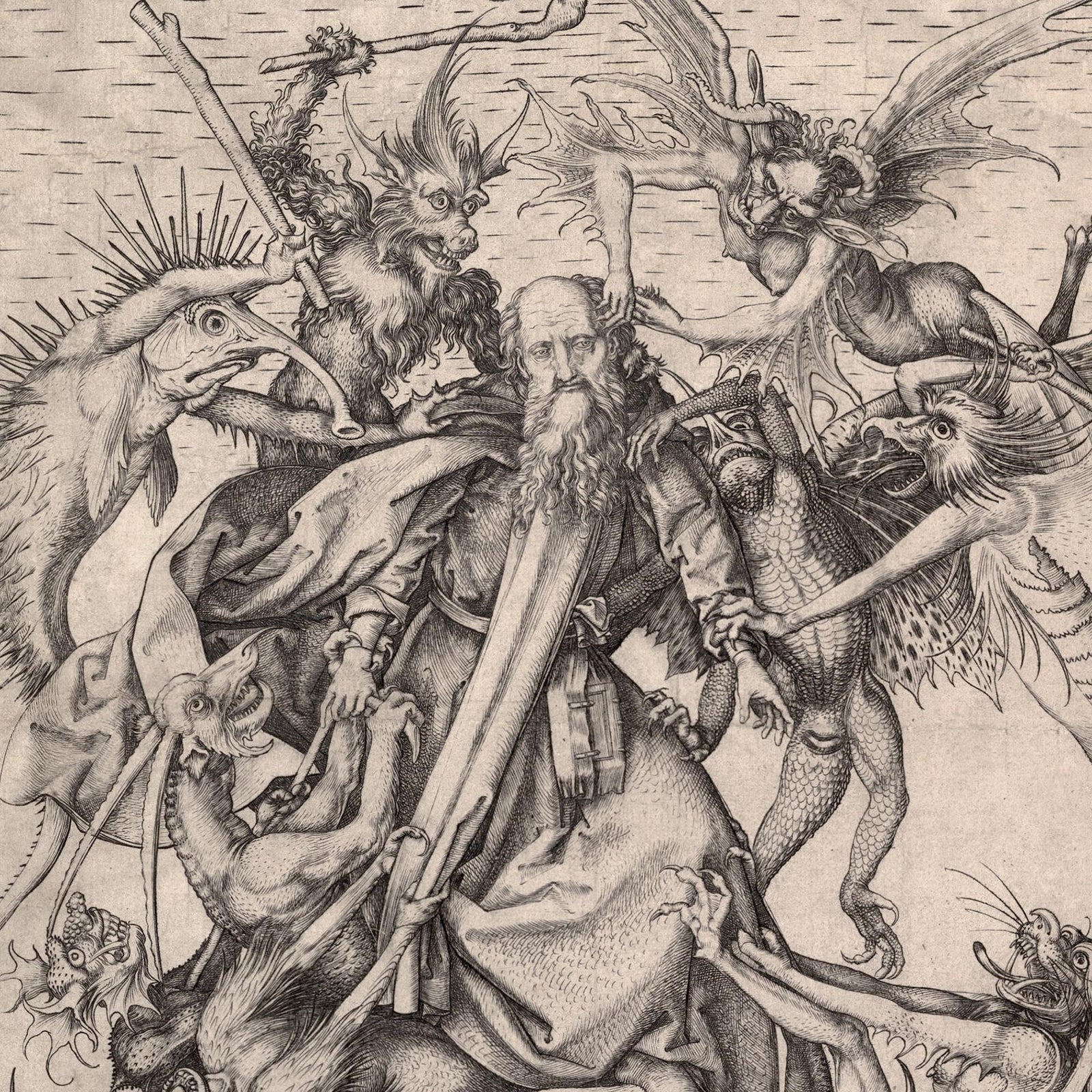 The Temptation of Saint Anthony | Surreal Schongauer Gothic Devil and Demons | Occult Antique Framed Art Print