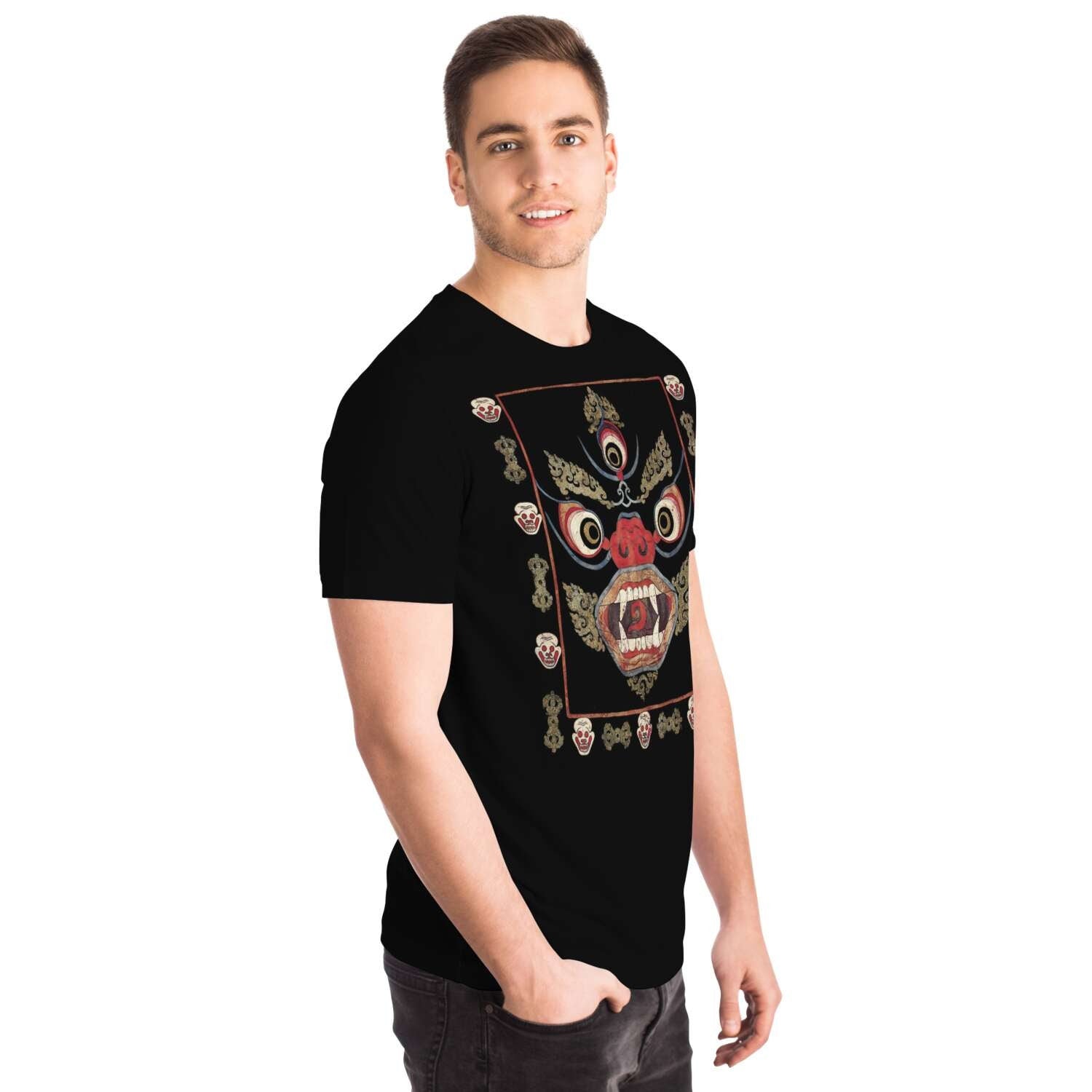 Tibetan Mahakala 19th Century Black Buddhist Shawl with Skulls Occult Tantra Vajra Nepal Vintage Gift Antique Art Tee T-Shirt