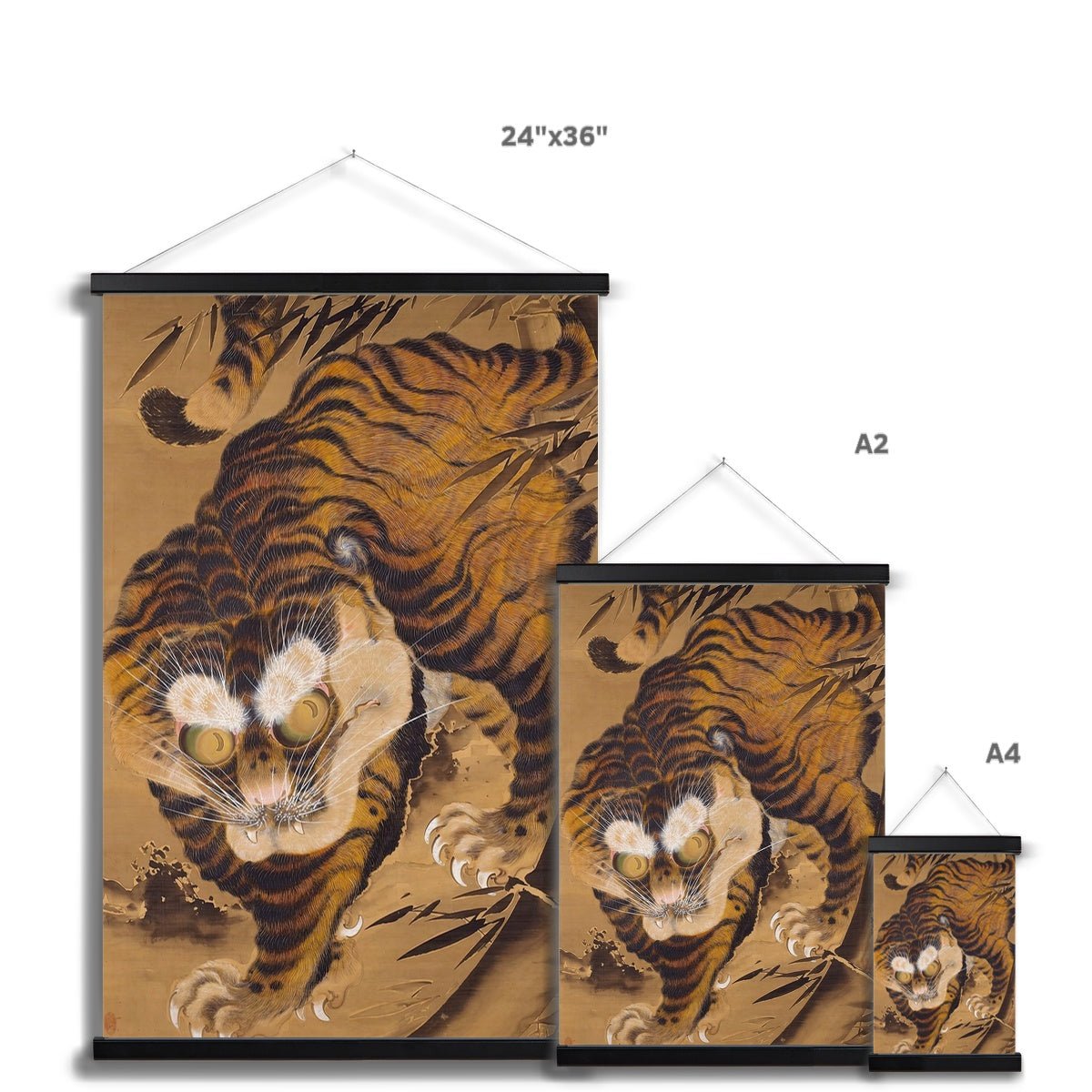 Tiger Emerging from Bamboo, Late 18th century Japanese Silk Painting | Katayama Yōkoku Ukiyo-e Fine Art Print with Hanger