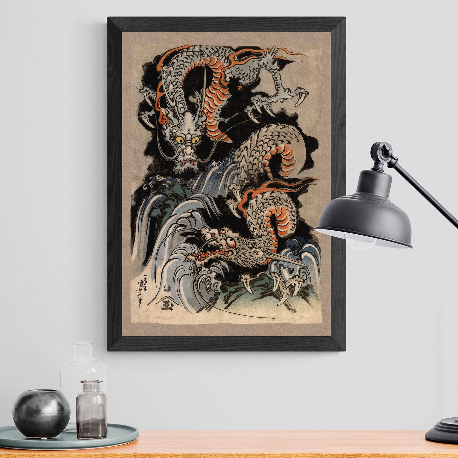 Utagawa Kuniyoshi Asian Dragon: Japanese Mythology Ukiyo-e Antique Serpent Wood Block Yokai Dragon Decor Framed Art Print